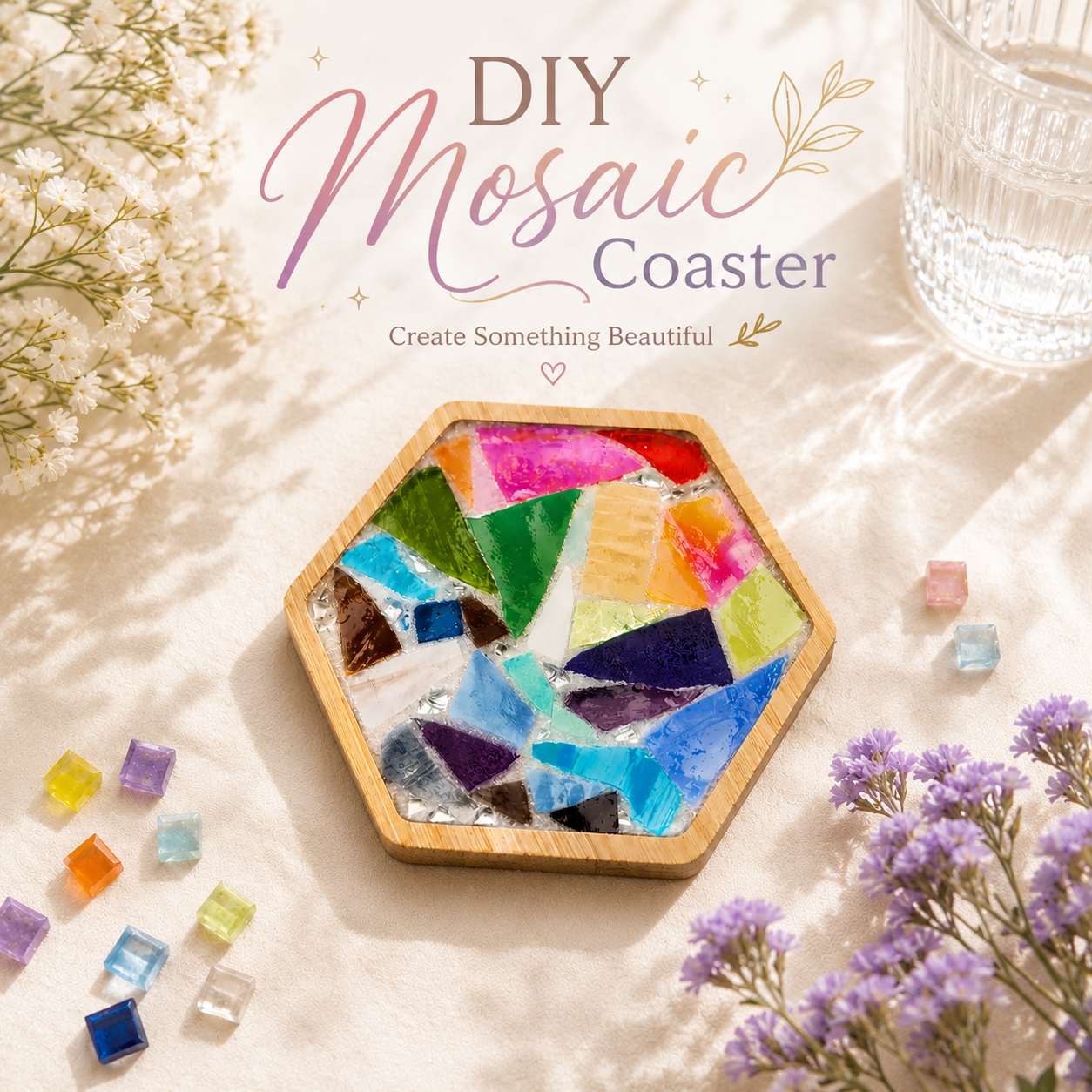 DIY Mosaic Coaster Kit, Colorful Rainbow Mosaic Craft Kit, Beginner Mosaic Art Project, Hexagon Coaster DIY, Adult Craft Gift