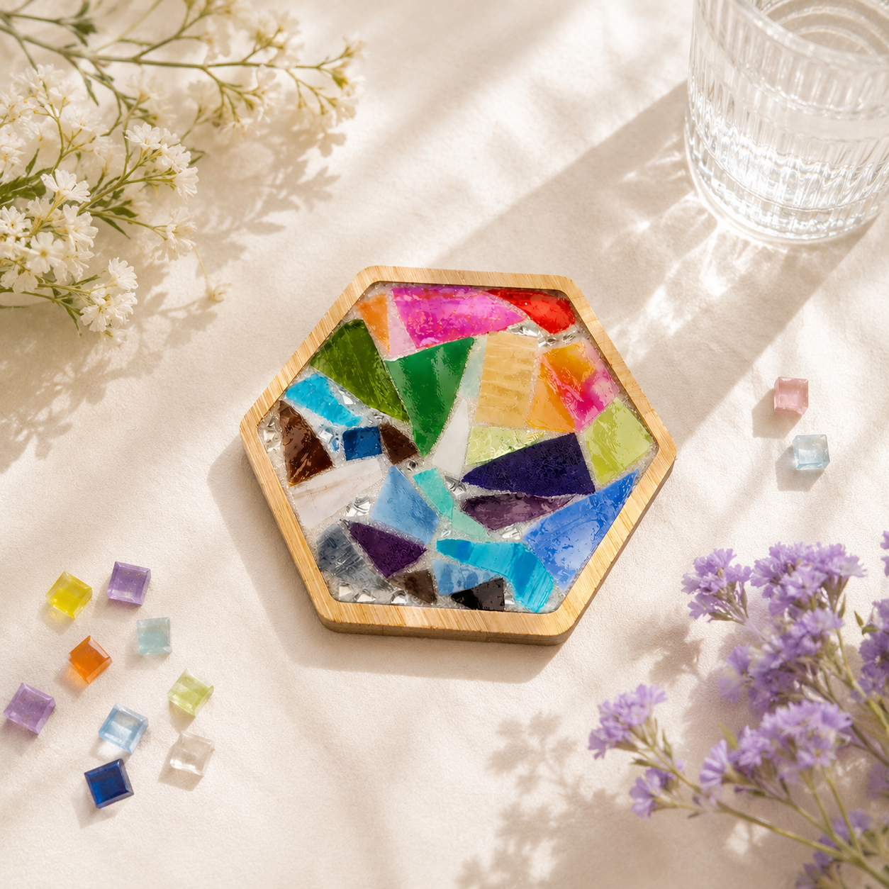 DIY Mosaic Coaster Kit, Colorful Rainbow Mosaic Craft Kit, Beginner Mosaic Art Project, Hexagon Coaster DIY, Adult Craft Gift
