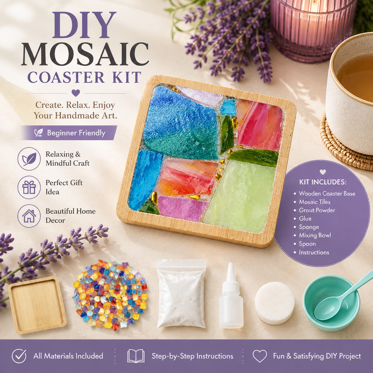 DIY Rainbow Mosaic Coaster Kit, Colorful Glass Mosaic Craft Kit, Beginner Friendly DIY Coaster, Adult Craft Kit, Creative Gift