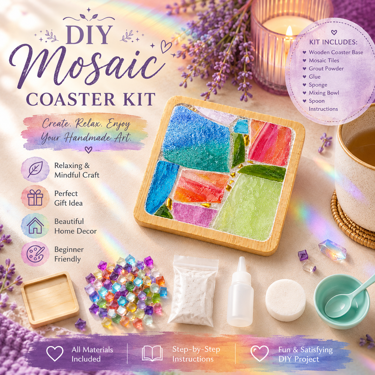 DIY Rainbow Mosaic Coaster Kit, Colorful Glass Mosaic Craft Kit, Beginner Friendly DIY Coaster, Adult Craft Kit, Creative Gift