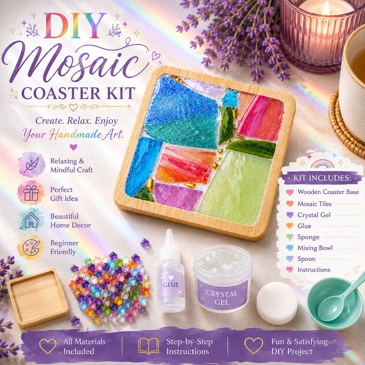DIY Rainbow Mosaic Coaster Kit, Colorful Glass Mosaic Craft Kit, Beginner Friendly DIY Coaster, Adult Craft Kit, Creative Gift