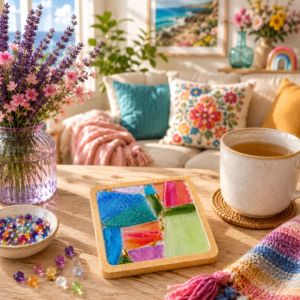 DIY Rainbow Mosaic Coaster Kit, Colorful Glass Mosaic Craft Kit, Beginner Friendly DIY Coaster, Adult Craft Kit, Creative Gift