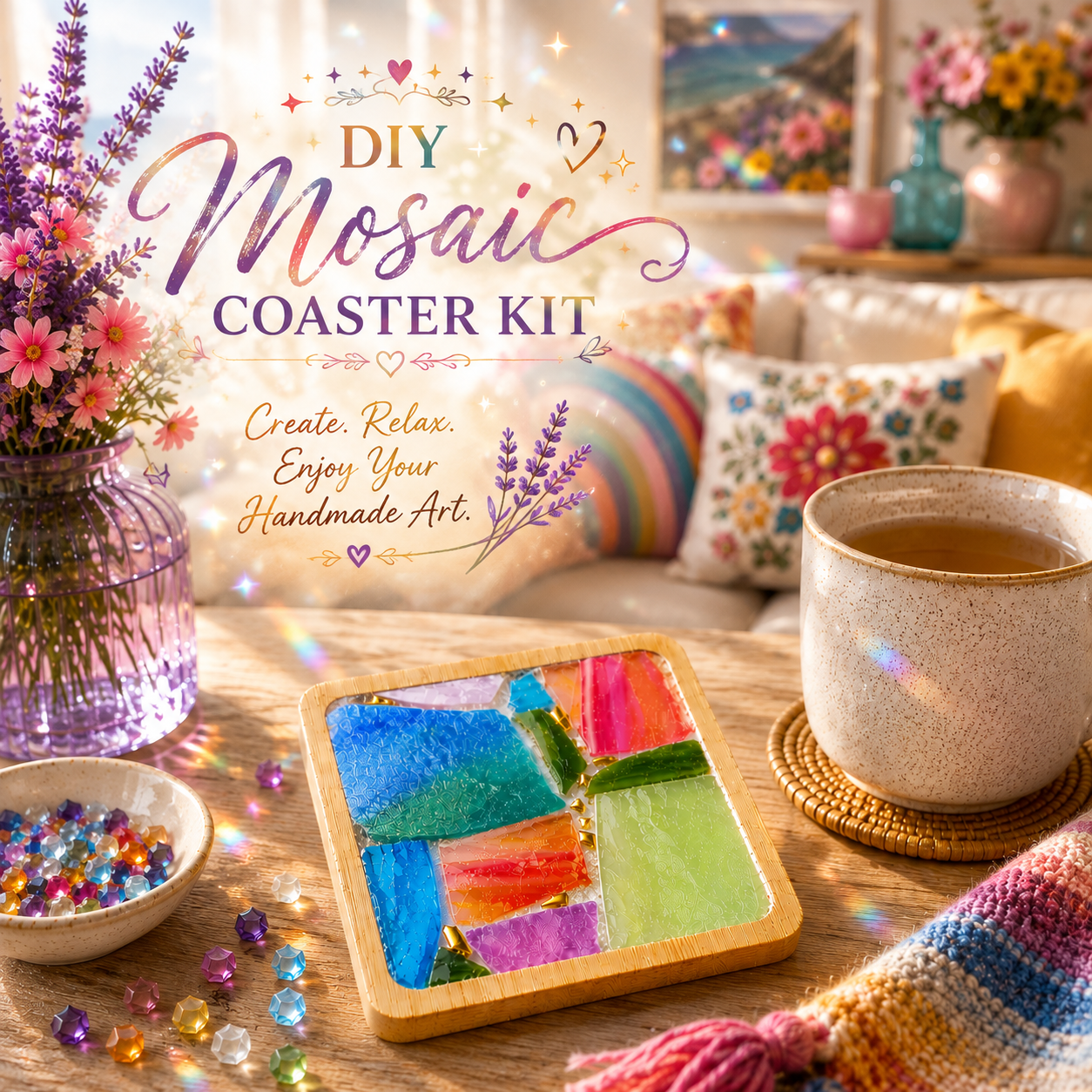 DIY Rainbow Mosaic Coaster Kit, Colorful Glass Mosaic Craft Kit, Beginner Friendly DIY Coaster, Adult Craft Kit, Creative Gift