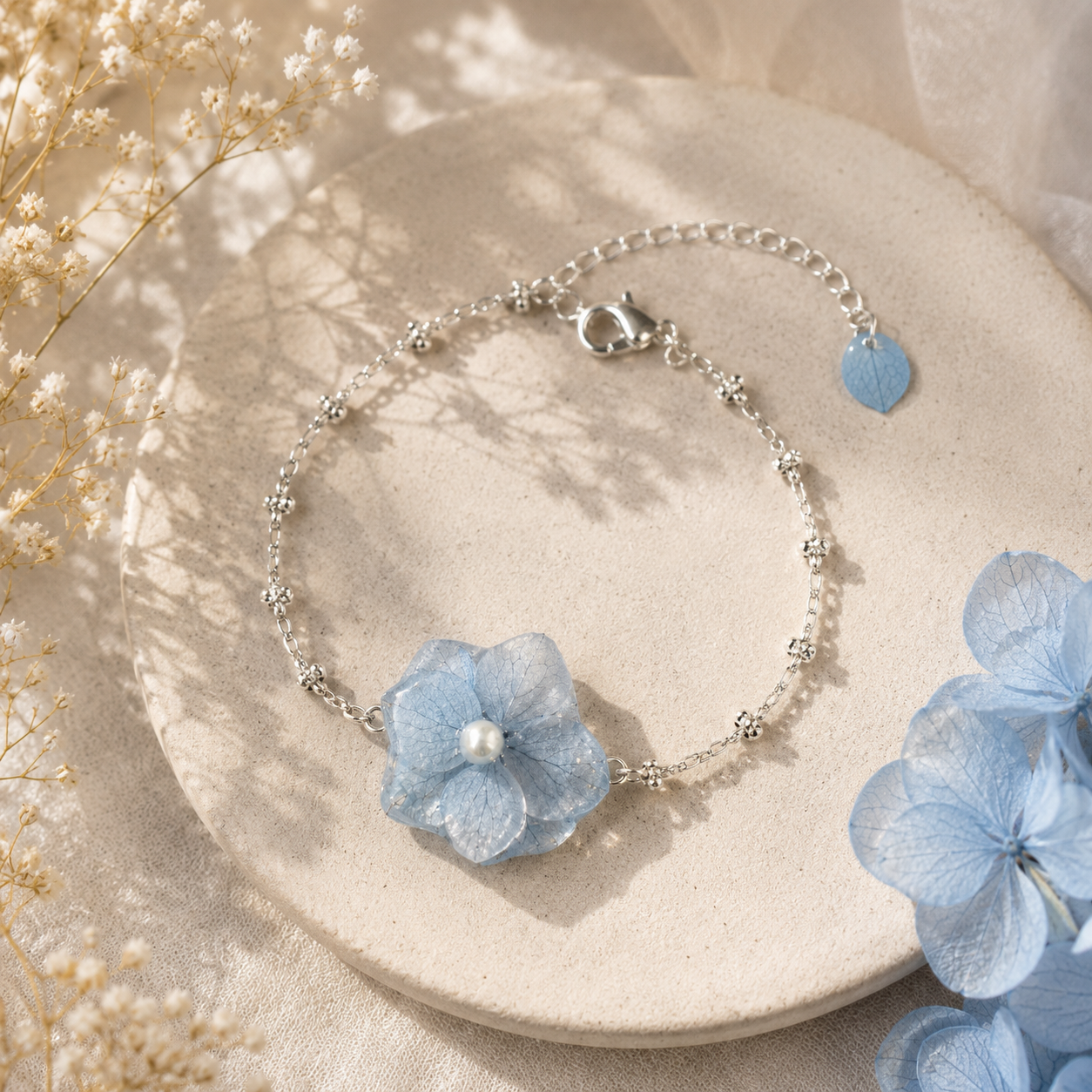 Real Blue Hydrangea Flower Bracelet | Handmade Pressed Flower Bracelet | Floral Jewelry | Nature Inspired Gift | Bridesmaid Wedding Bracelet