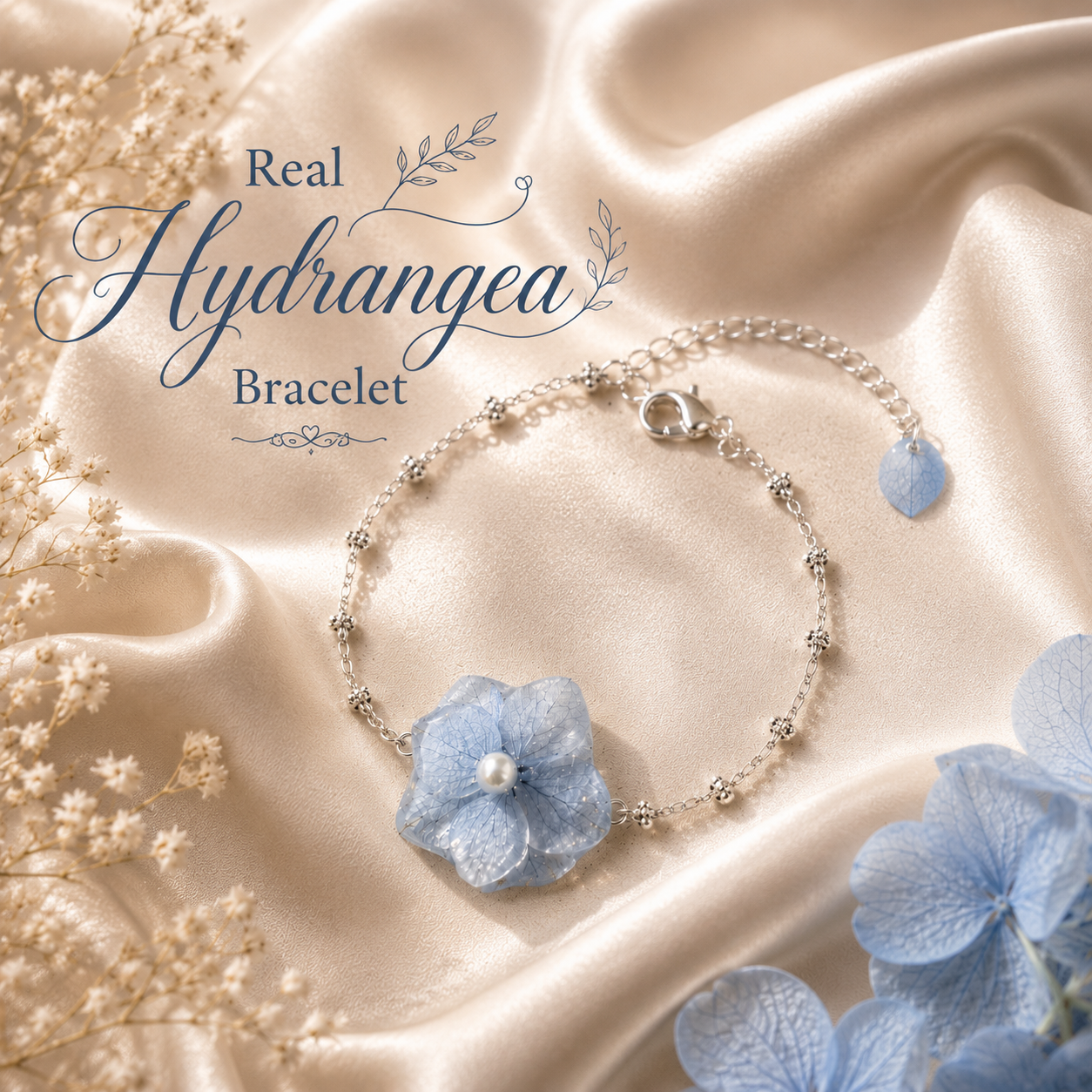 Real Blue Hydrangea Flower Bracelet | Handmade Pressed Flower Bracelet | Floral Jewelry | Nature Inspired Gift | Bridesmaid Wedding Bracelet