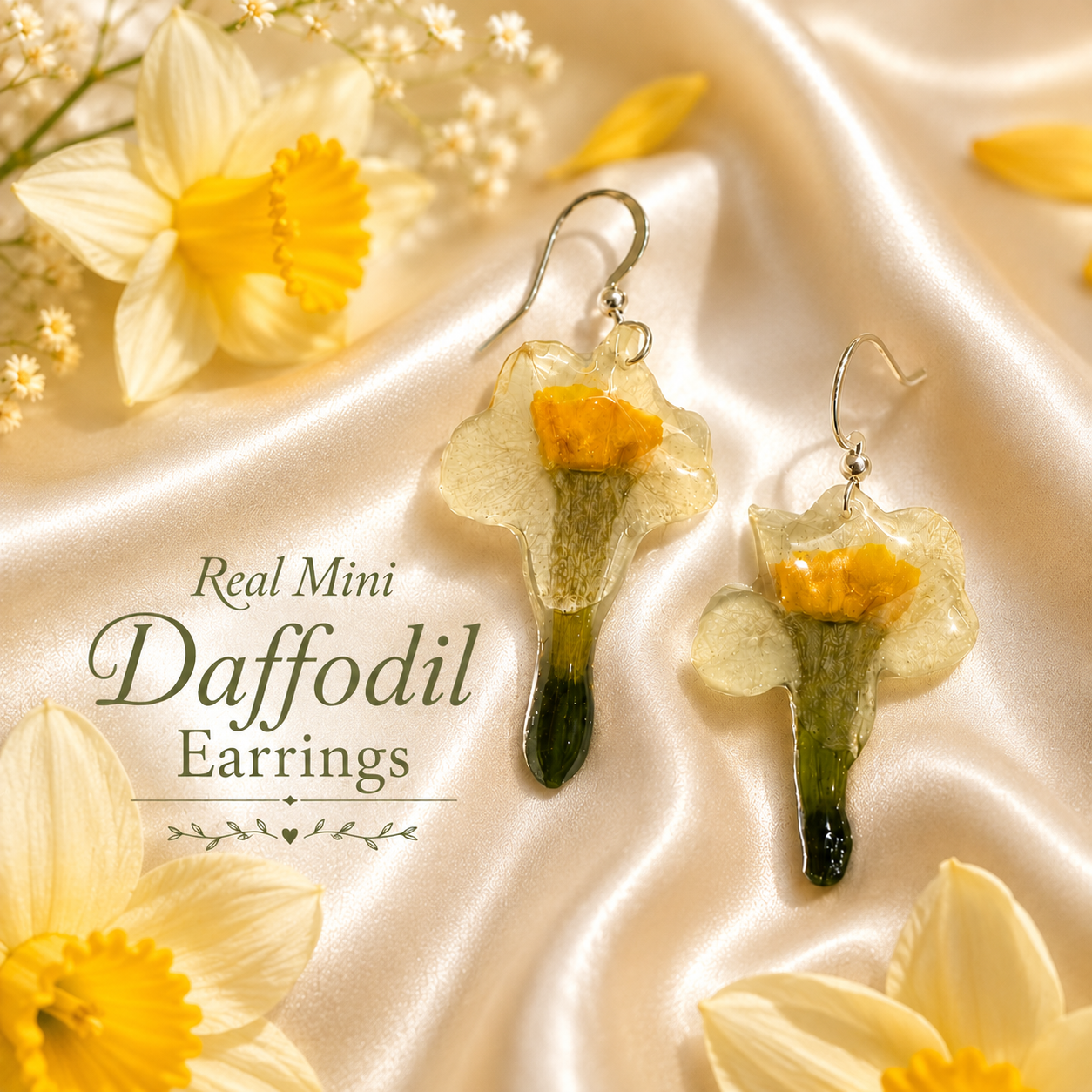 Real Daffodil Earrings, Pressed Flower Earrings, Real Flower Jewelry, Botanical Earrings, Yellow Floral Earrings, Spring Gift for Her