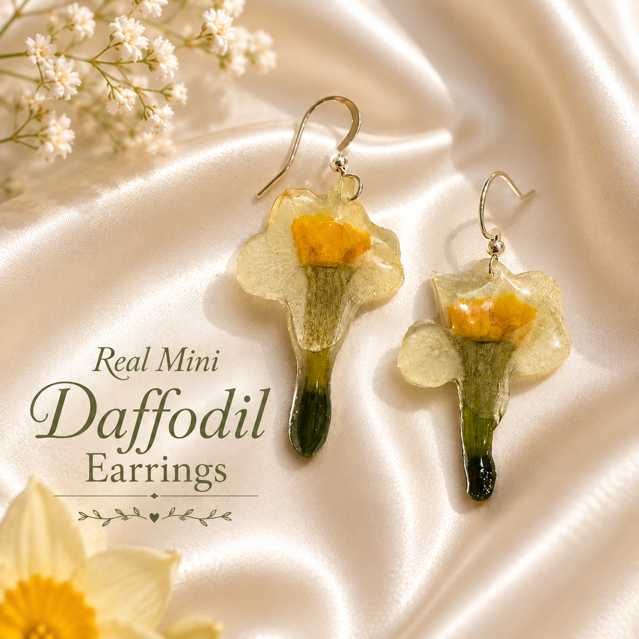 Real Daffodil Earrings, Pressed Flower Earrings, Real Flower Jewelry, Botanical Earrings, Yellow Floral Earrings, Spring Gift for Her