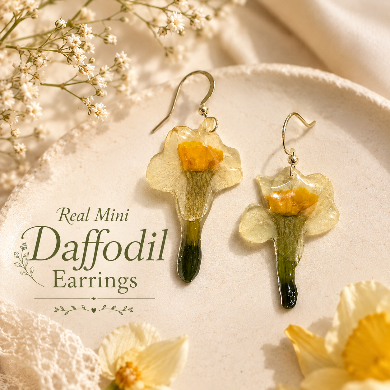 Real Daffodil Earrings, Pressed Flower Earrings, Real Flower Jewelry, Botanical Earrings, Yellow Floral Earrings, Spring Gift for Her