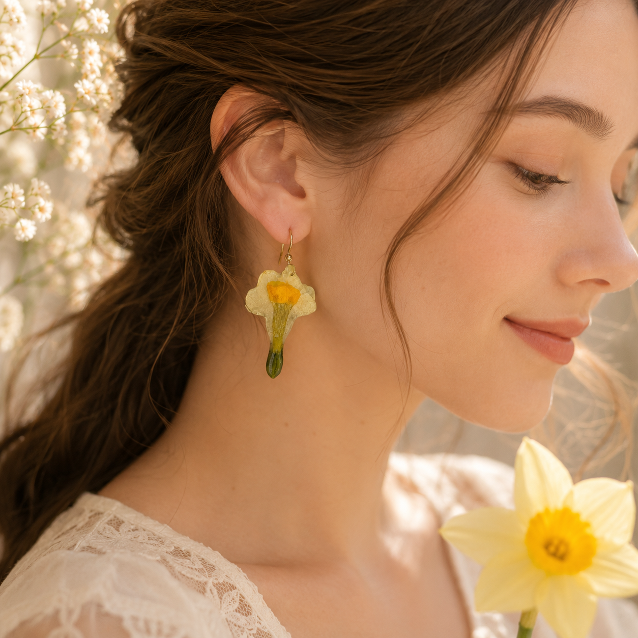 Real Daffodil Earrings, Pressed Flower Earrings, Real Flower Jewelry, Botanical Earrings, Yellow Floral Earrings, Spring Gift for Her