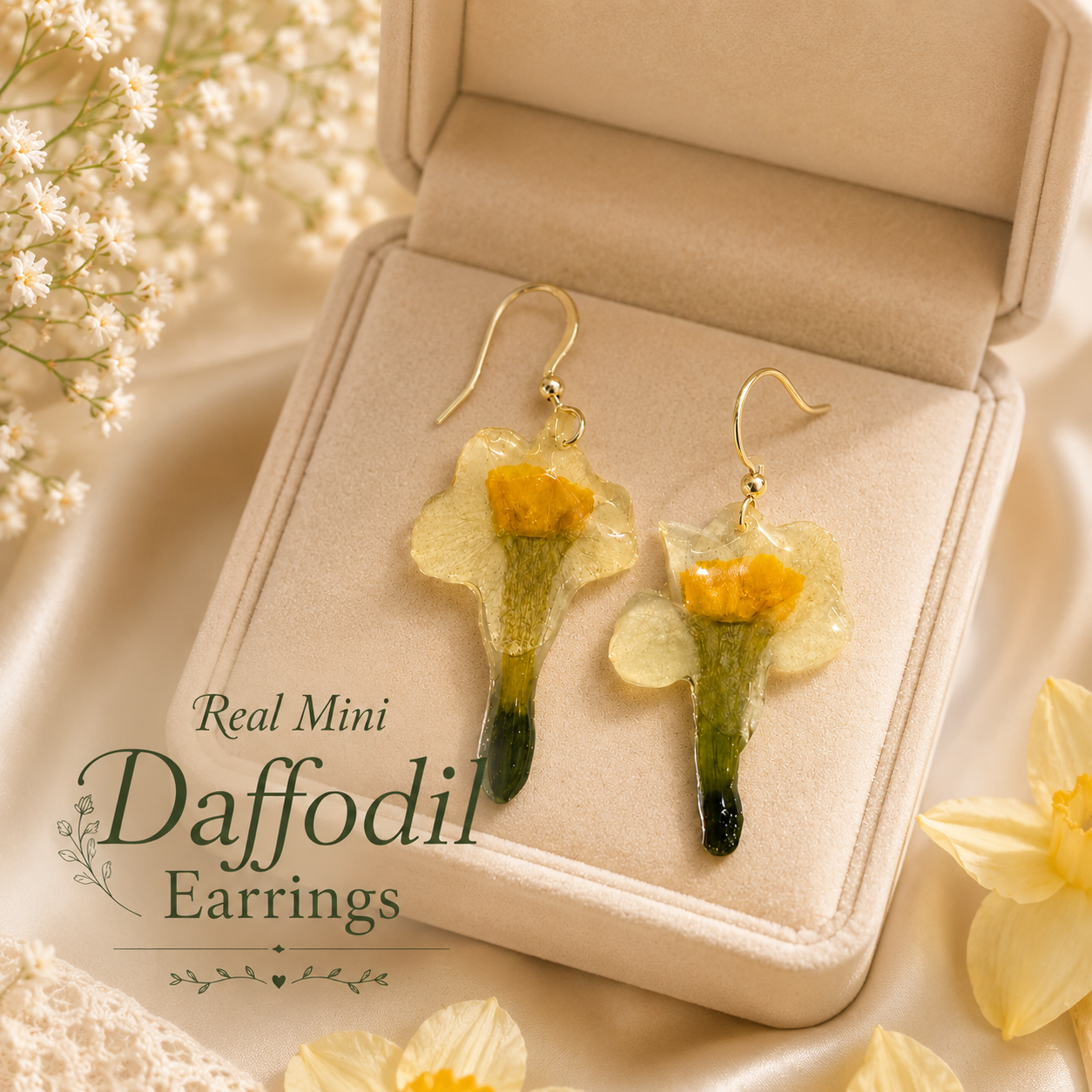 Real Daffodil Earrings, Pressed Flower Earrings, Real Flower Jewelry, Botanical Earrings, Yellow Floral Earrings, Spring Gift for Her