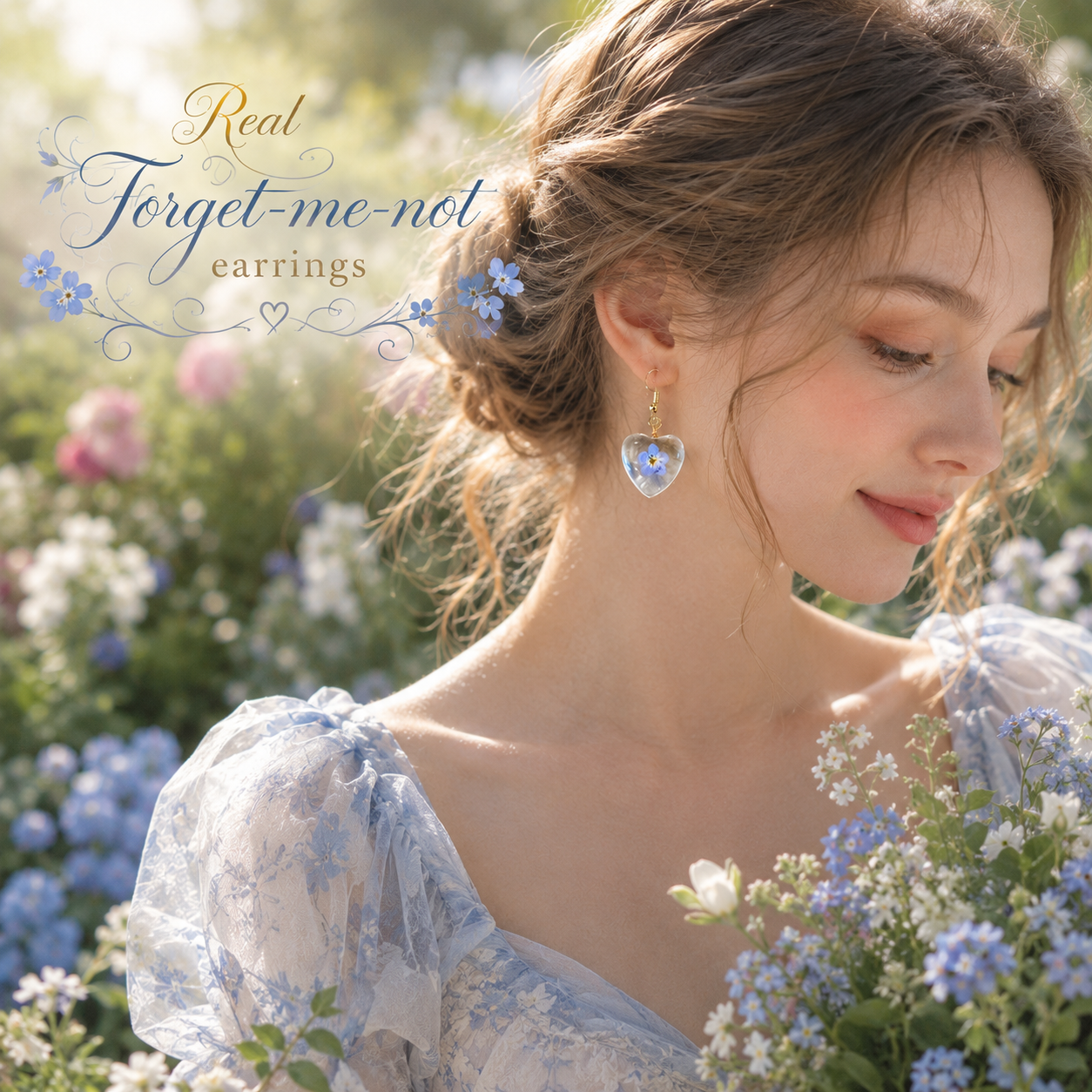 Real Forget-Me-Not Flower Heart Resin Earrings | Handmade Pressed Flower Earrings | Blue Floral Dangle Earrings | Romantic Gift for Her