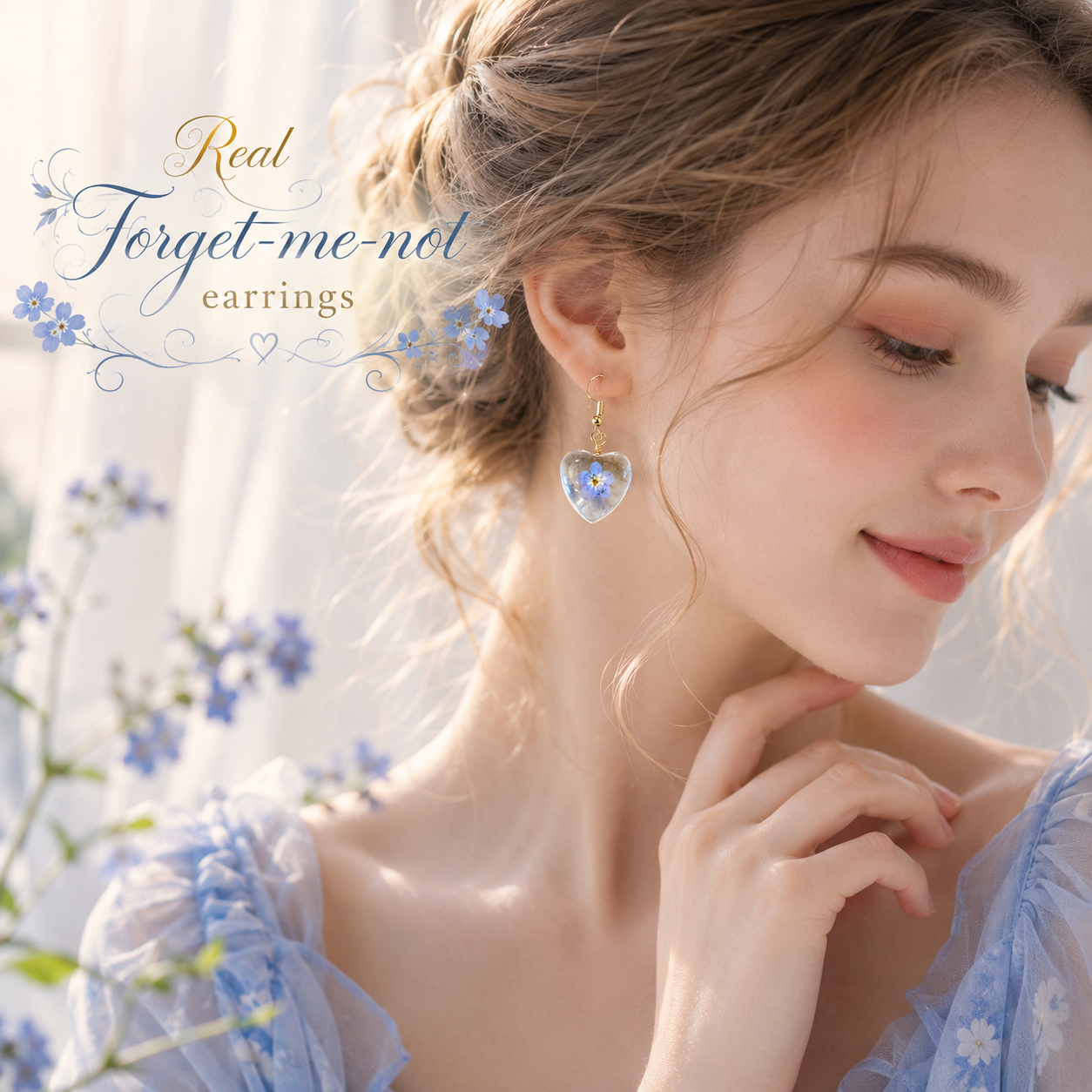 Real Forget-Me-Not Flower Heart Resin Earrings | Handmade Pressed Flower Earrings | Blue Floral Dangle Earrings | Romantic Gift for Her