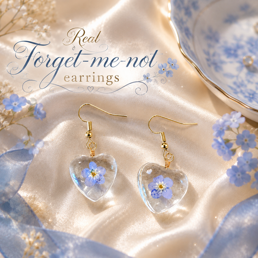 Real Forget-Me-Not Flower Heart Resin Earrings | Handmade Pressed Flower Earrings | Blue Floral Dangle Earrings | Romantic Gift for Her