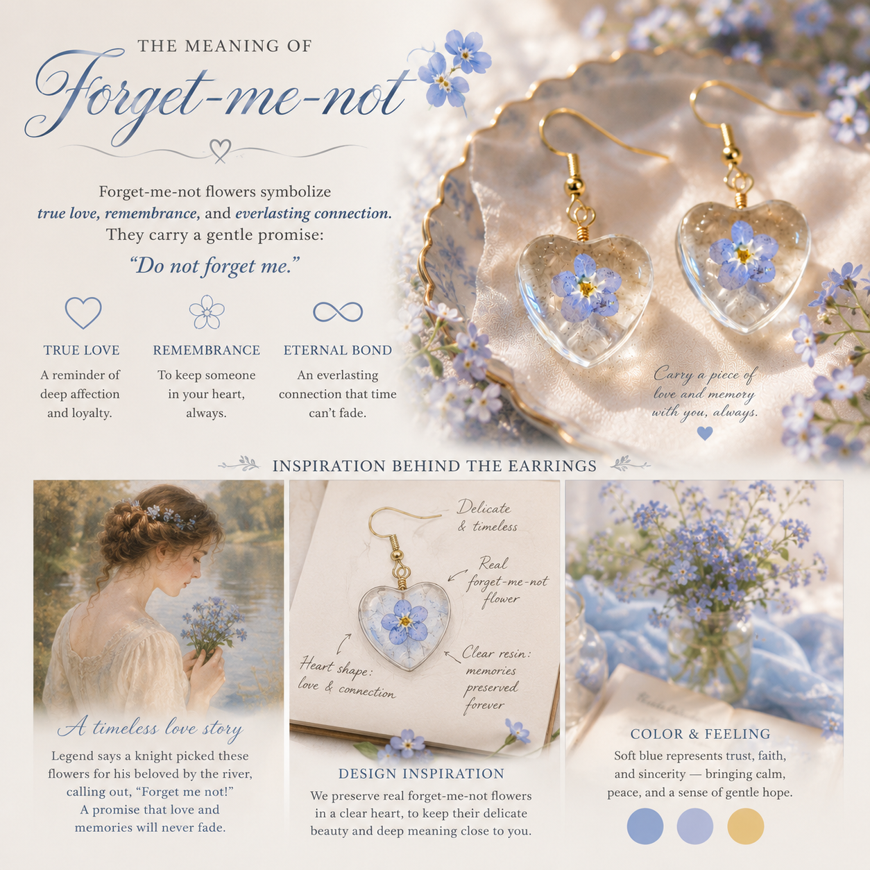 Real Forget-Me-Not Flower Heart Resin Earrings | Handmade Pressed Flower Earrings | Blue Floral Dangle Earrings | Romantic Gift for Her