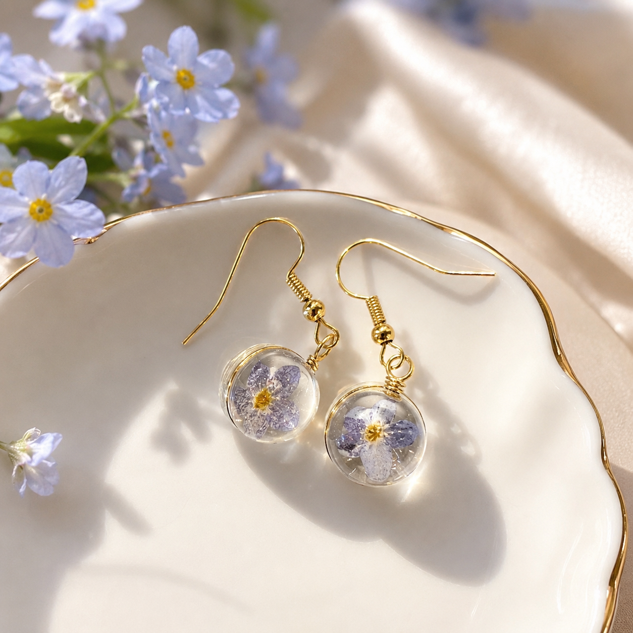 Real Forget Me Not Flower Earrings | Handmade Pressed Flower Resin Earrings | Botanical Dangle Earrings | Bridal Wedding Jewelry