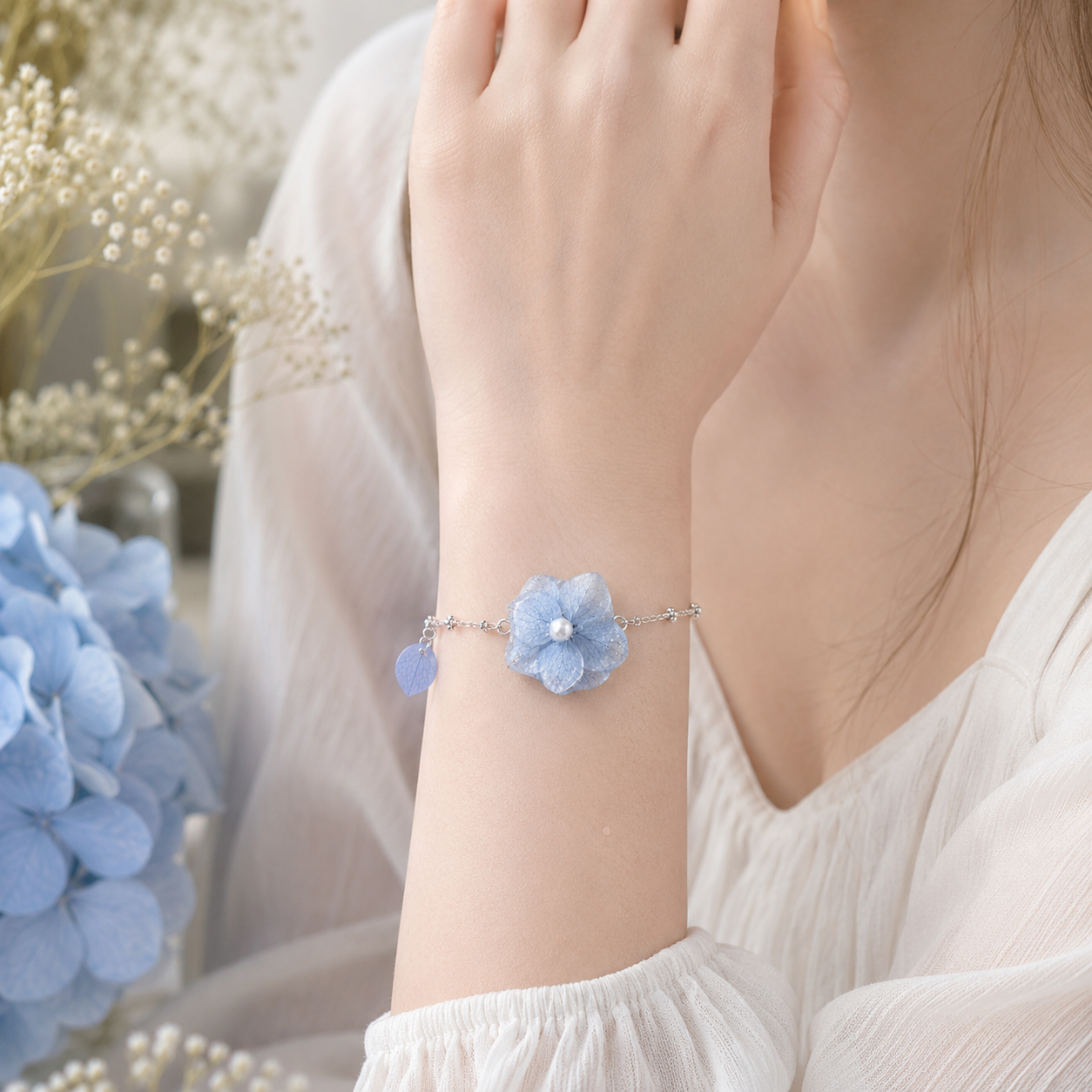 Real Blue Hydrangea Flower Bracelet | Handmade Pressed Flower Bracelet | Floral Jewelry | Nature Inspired Gift | Bridesmaid Wedding Bracelet