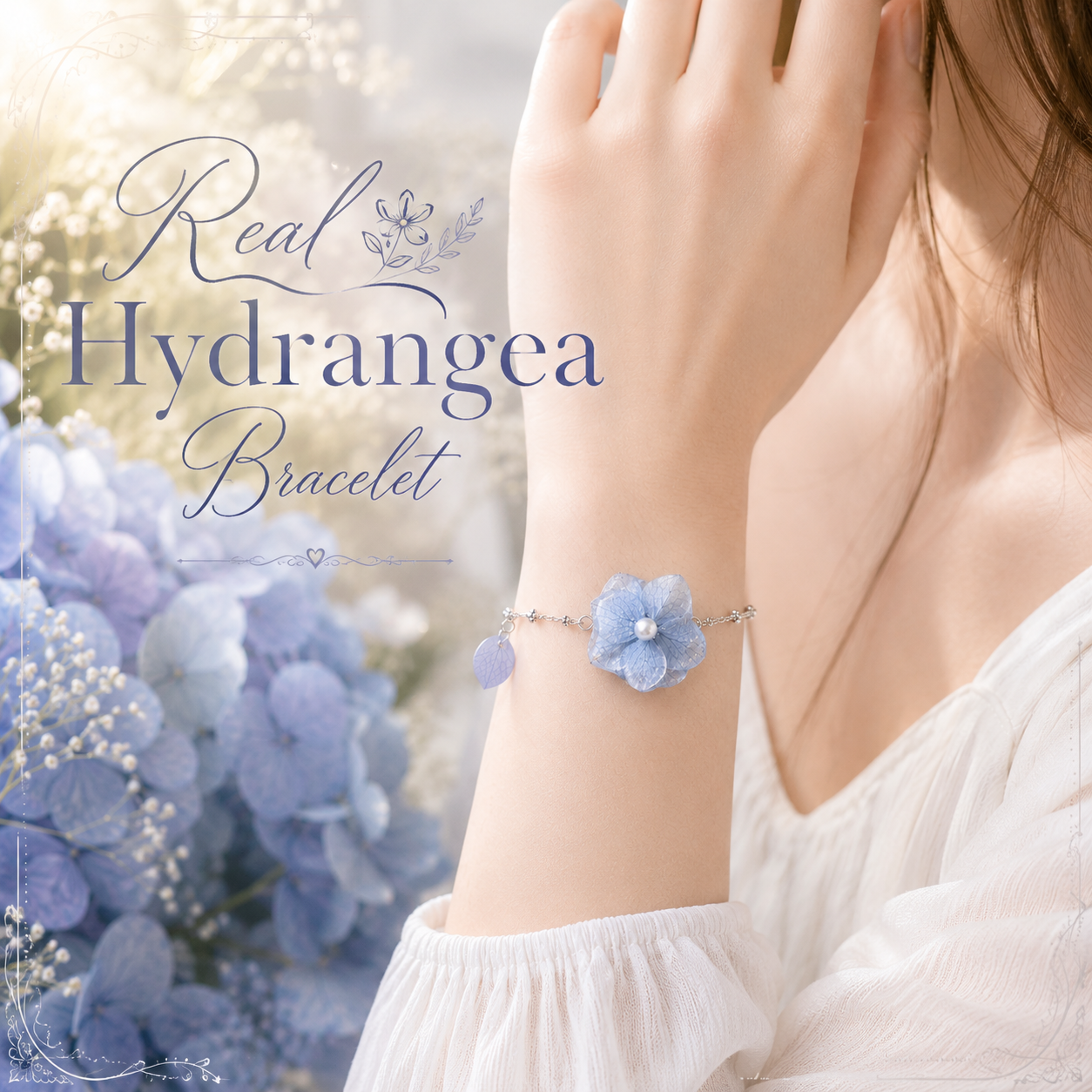 Real Blue Hydrangea Flower Bracelet | Handmade Pressed Flower Bracelet | Floral Jewelry | Nature Inspired Gift | Bridesmaid Wedding Bracelet