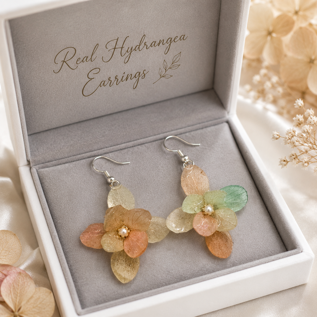 Real Hydrangea Flower Earrings, Pressed Flower Dangle Earrings, Pink Purple Blue Floral Jewelry, Botanical Earrings, Gift for Her