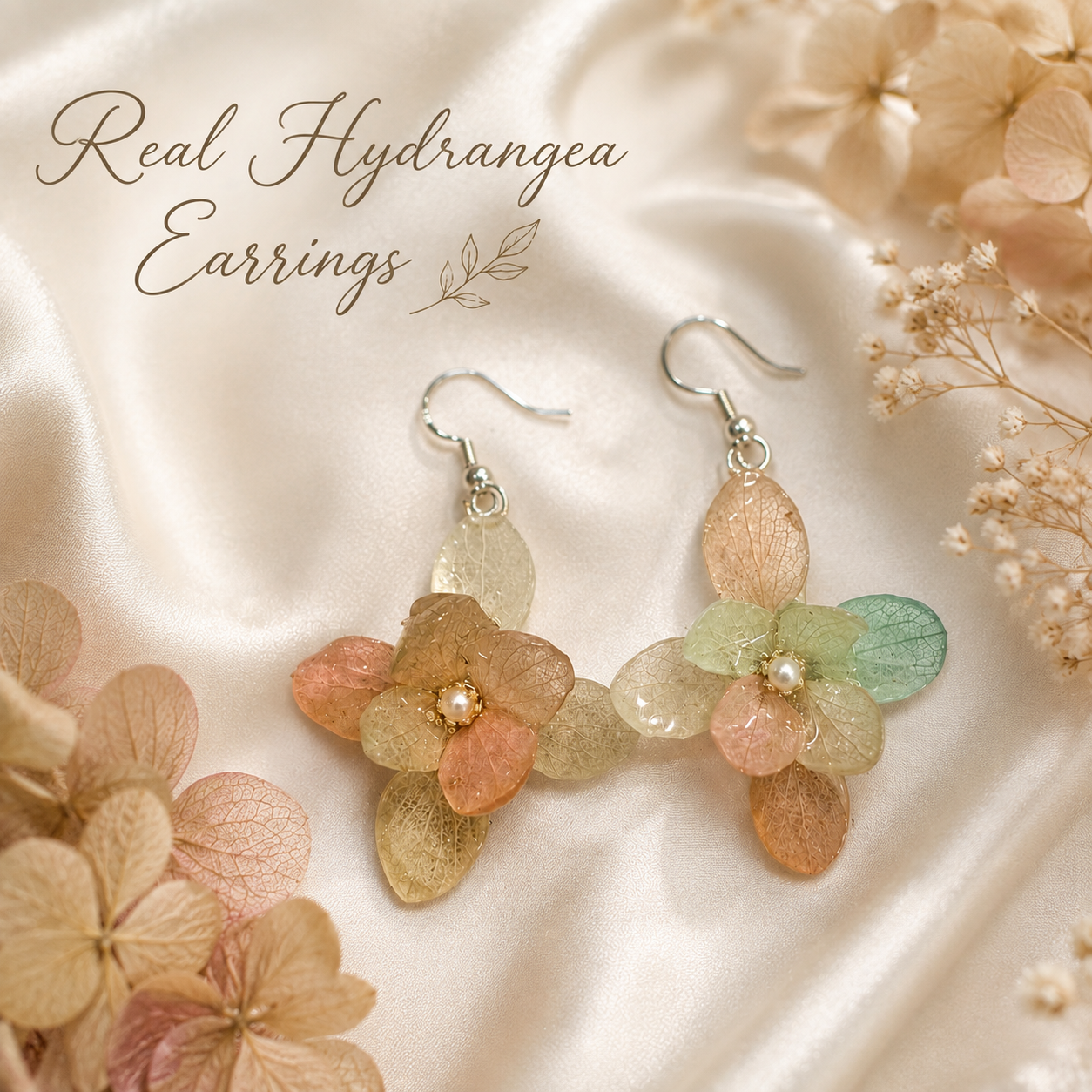 Real Hydrangea Flower Earrings, Pressed Flower Dangle Earrings, Pink Purple Blue Floral Jewelry, Botanical Earrings, Gift for Her