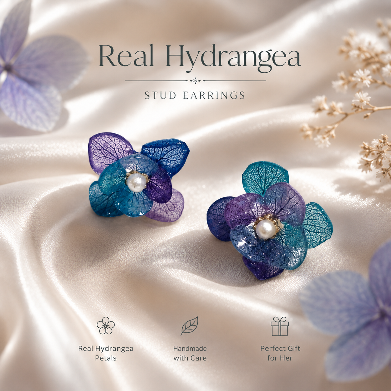 Real Hydrangea Stud Earrings, Pressed Flower Earrings, Blue Purple Floral Earrings, Handmade Botanical Jewelry, Gift for Her