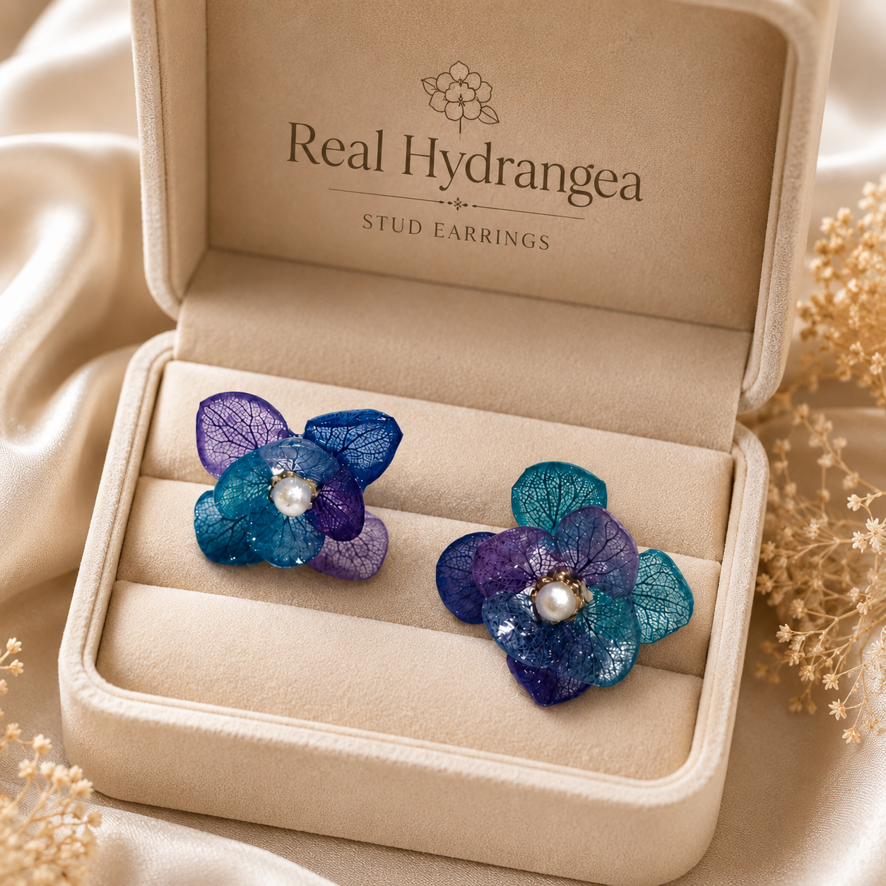 Real Hydrangea Stud Earrings, Pressed Flower Earrings, Blue Purple Floral Earrings, Handmade Botanical Jewelry, Gift for Her