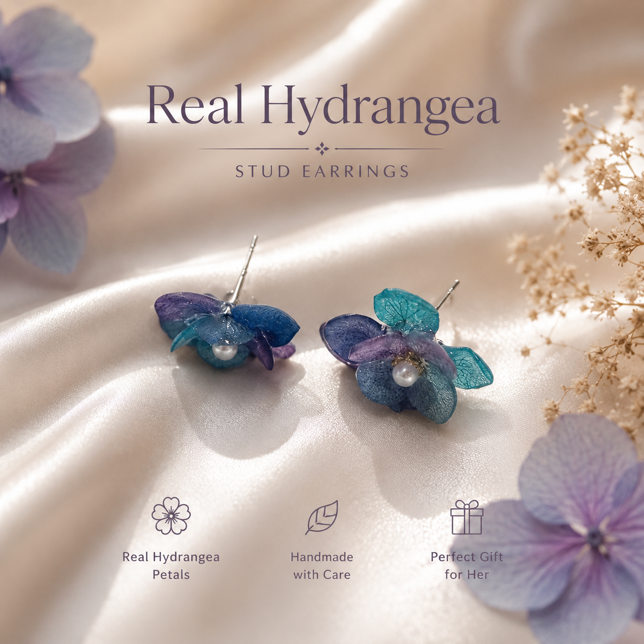 Real Hydrangea Stud Earrings, Pressed Flower Earrings, Blue Purple Floral Earrings, Handmade Botanical Jewelry, Gift for Her