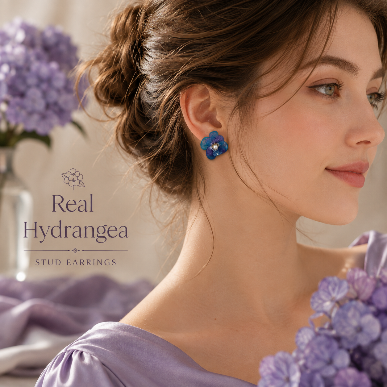 Real Hydrangea Stud Earrings, Pressed Flower Earrings, Blue Purple Floral Earrings, Handmade Botanical Jewelry, Gift for Her