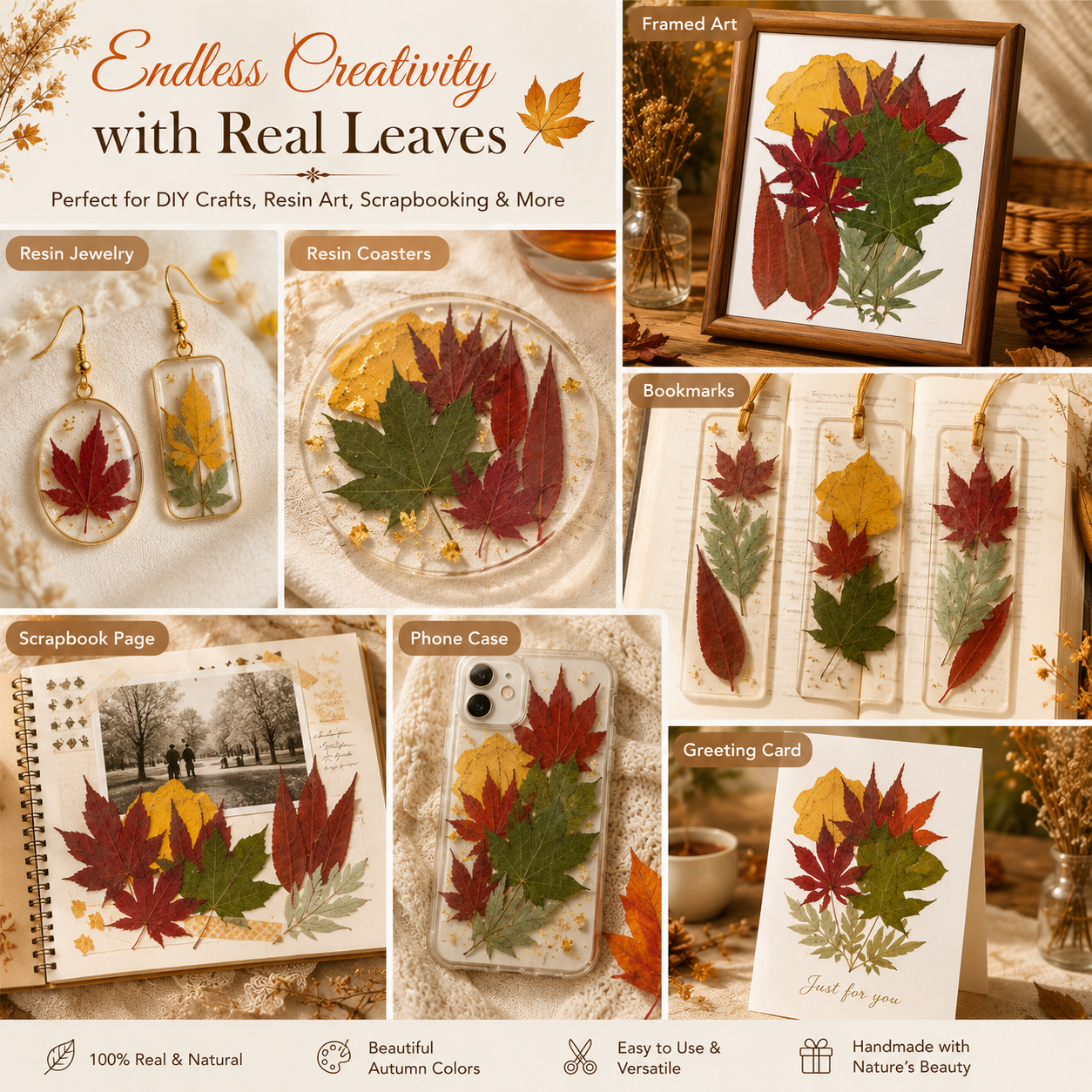 Real Pressed Autumn Leaves Pack | Natural Dried Maple & Fall Leaves for Resin, Scrapbooking, Card Making, Journaling, DIY Crafts