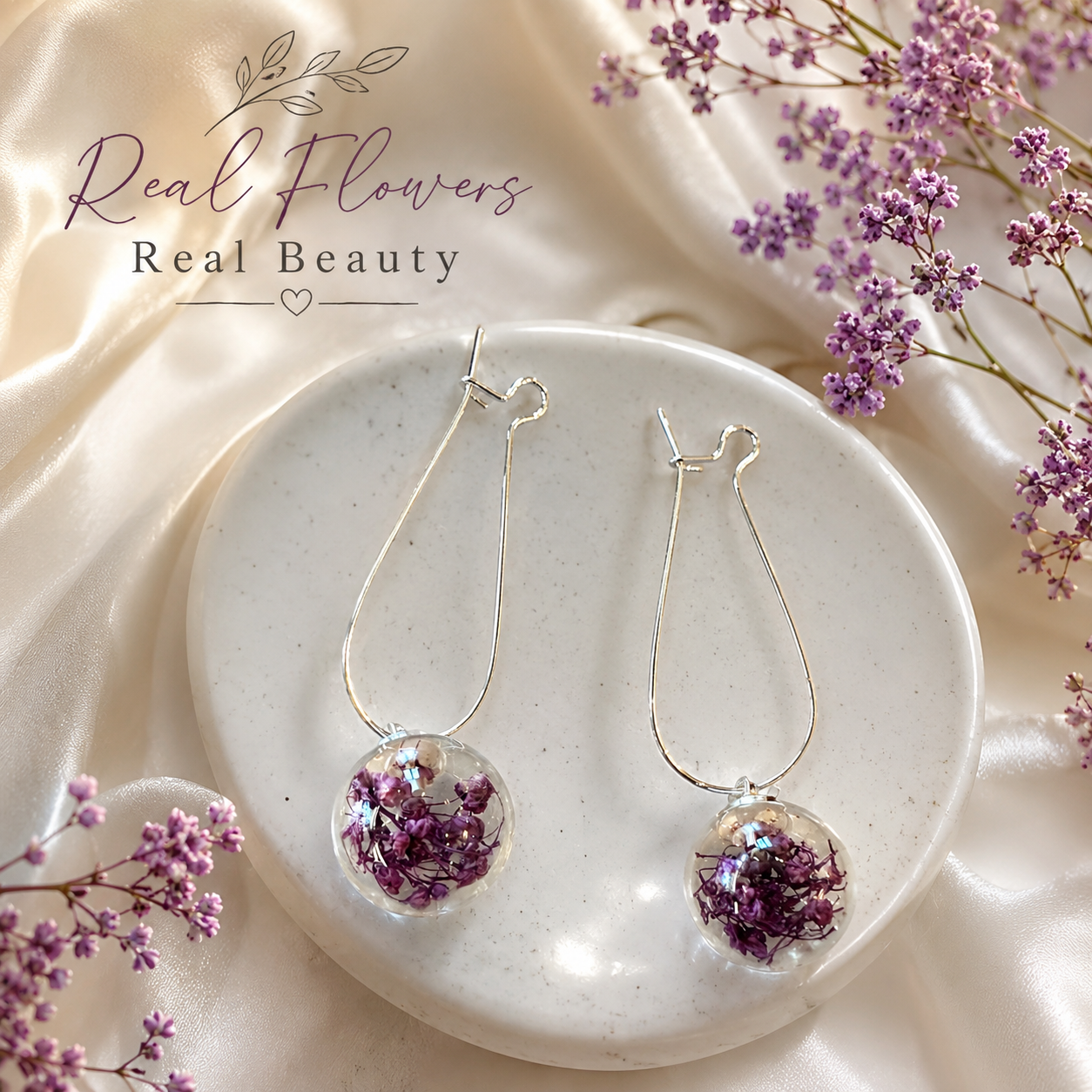 Real Purple Baby’s Breath Earrings, Real Flower Earrings, Dried Flower Jewelry, Floral Dangle Earrings, Botanical Gift for Her