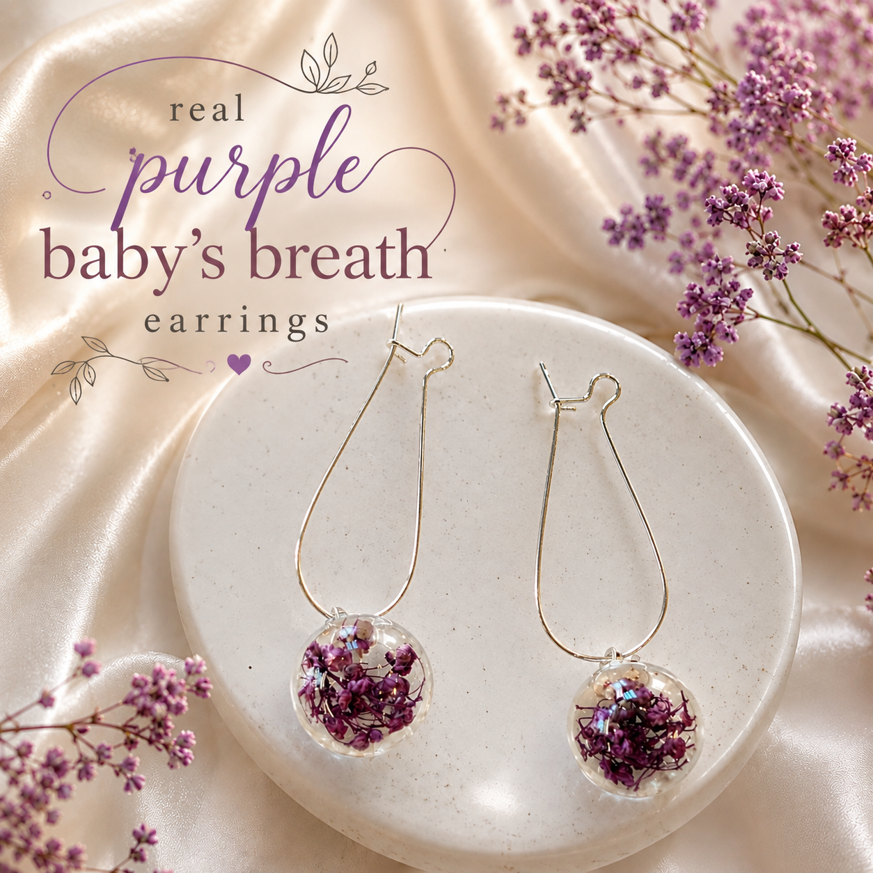 Real Purple Baby’s Breath Earrings, Real Flower Earrings, Dried Flower Jewelry, Floral Dangle Earrings, Botanical Gift for Her