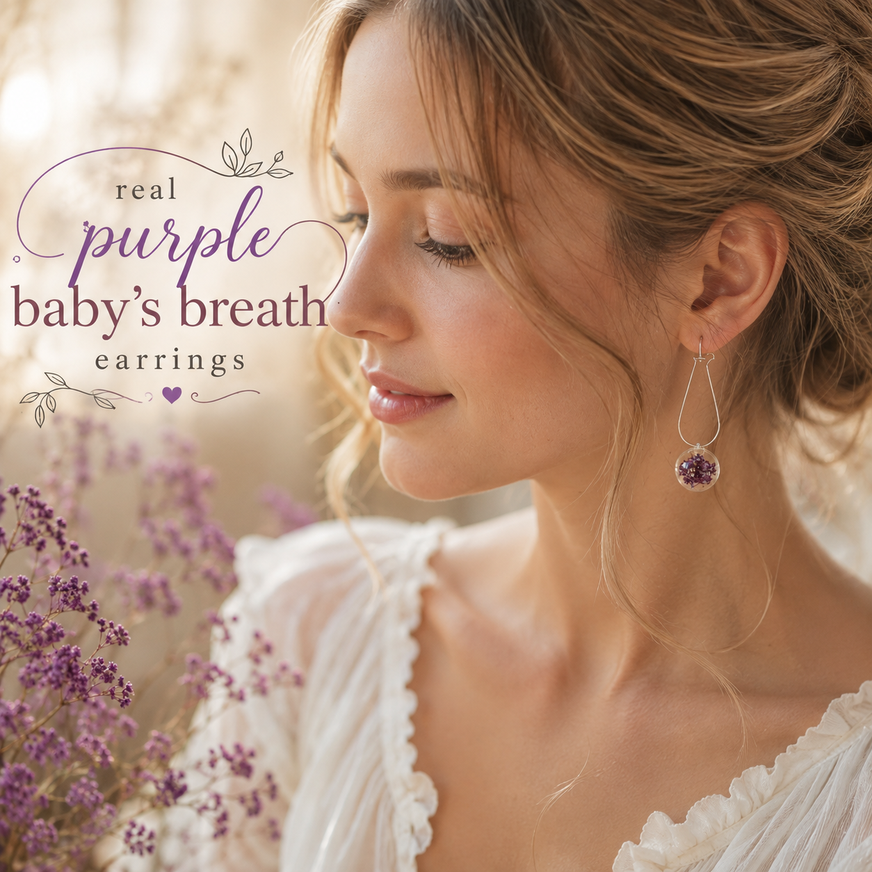 Real Purple Baby’s Breath Earrings, Real Flower Earrings, Dried Flower Jewelry, Floral Dangle Earrings, Botanical Gift for Her