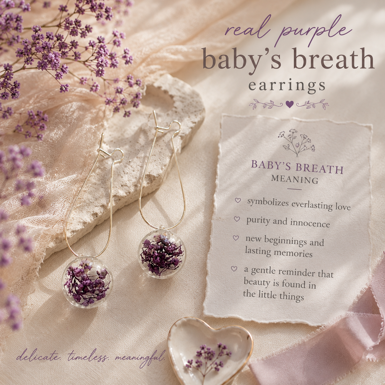 Real Purple Baby’s Breath Earrings, Real Flower Earrings, Dried Flower Jewelry, Floral Dangle Earrings, Botanical Gift for Her