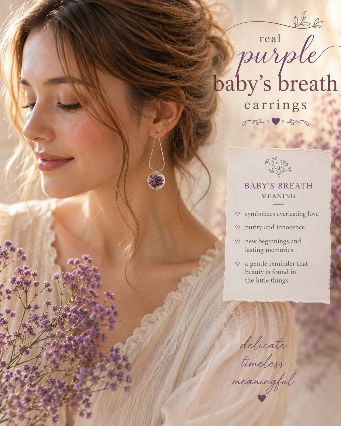 Real Purple Baby’s Breath Earrings, Real Flower Earrings, Dried Flower Jewelry, Floral Dangle Earrings, Botanical Gift for Her