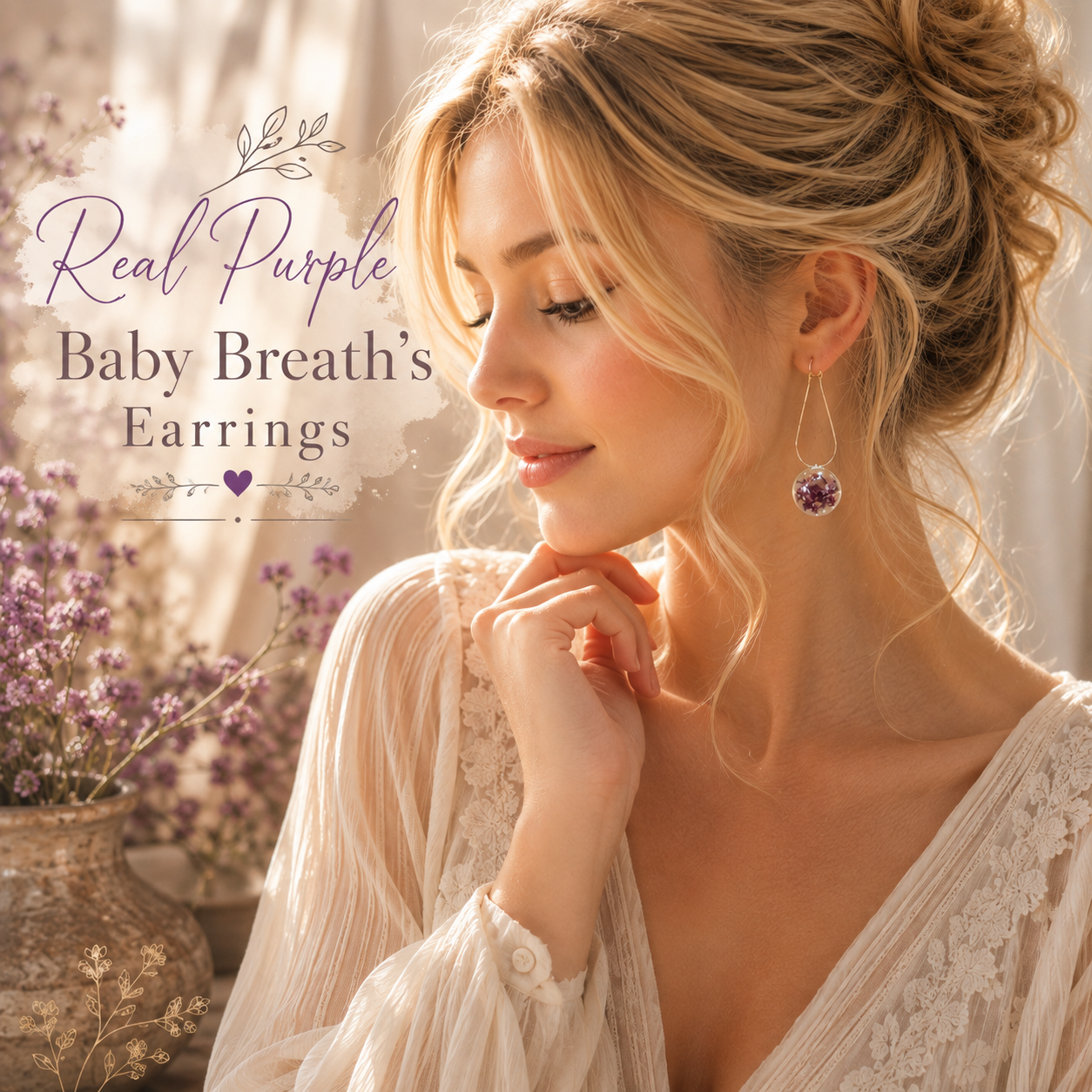 Real Purple Baby’s Breath Earrings, Real Flower Earrings, Dried Flower Jewelry, Floral Dangle Earrings, Botanical Gift for Her
