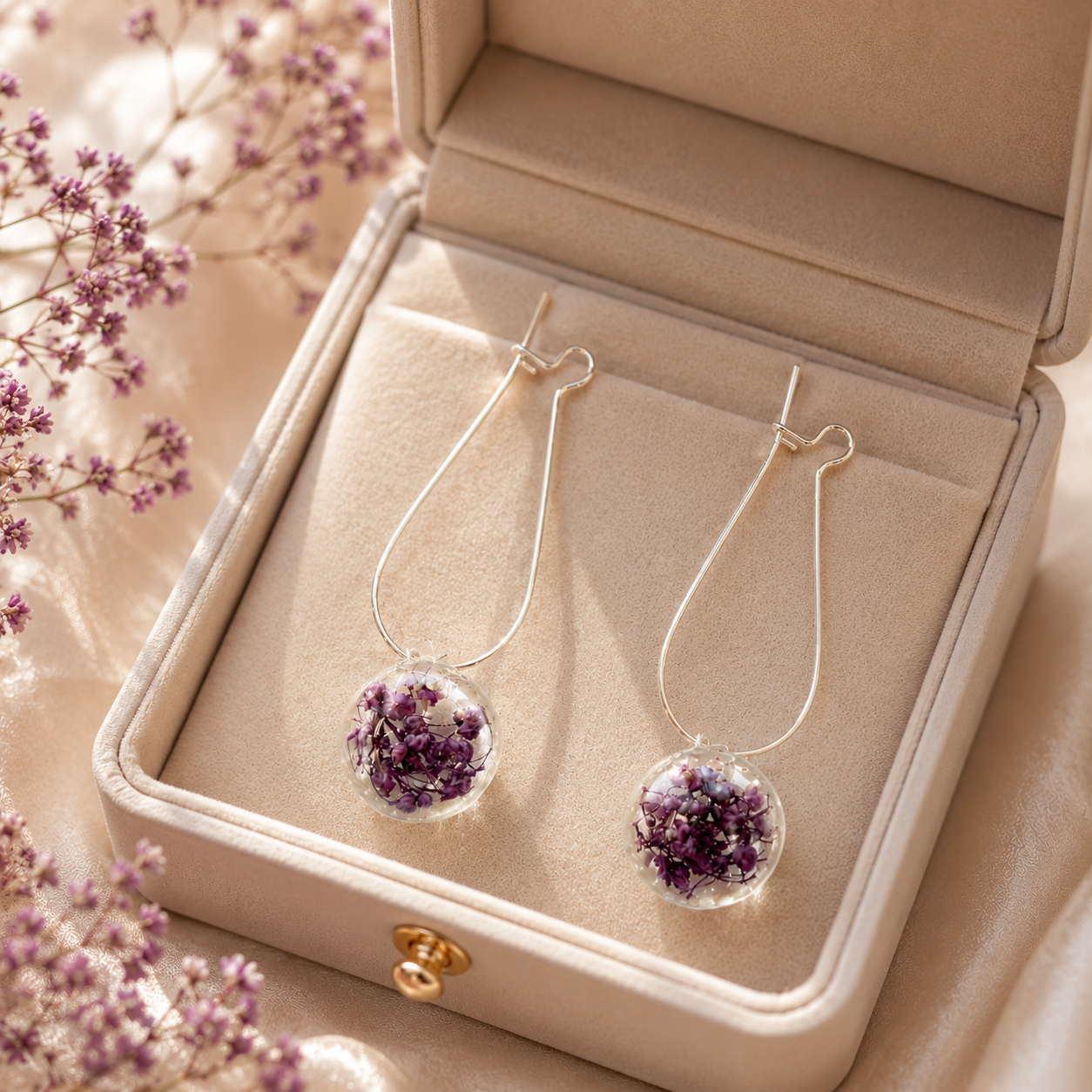 Real Purple Baby’s Breath Earrings, Real Flower Earrings, Dried Flower Jewelry, Floral Dangle Earrings, Botanical Gift for Her