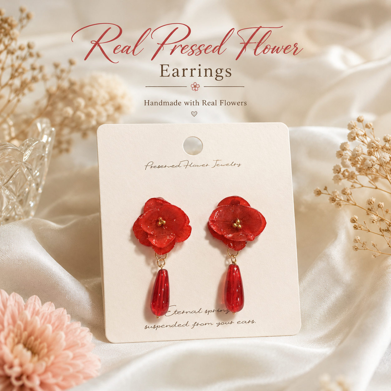 Real Red Hydrangea Earrings, Pressed Flower Earrings, Red Floral Dangle Earrings, Botanical Jewelry, Fall Earrings, Christmas Gift for Her