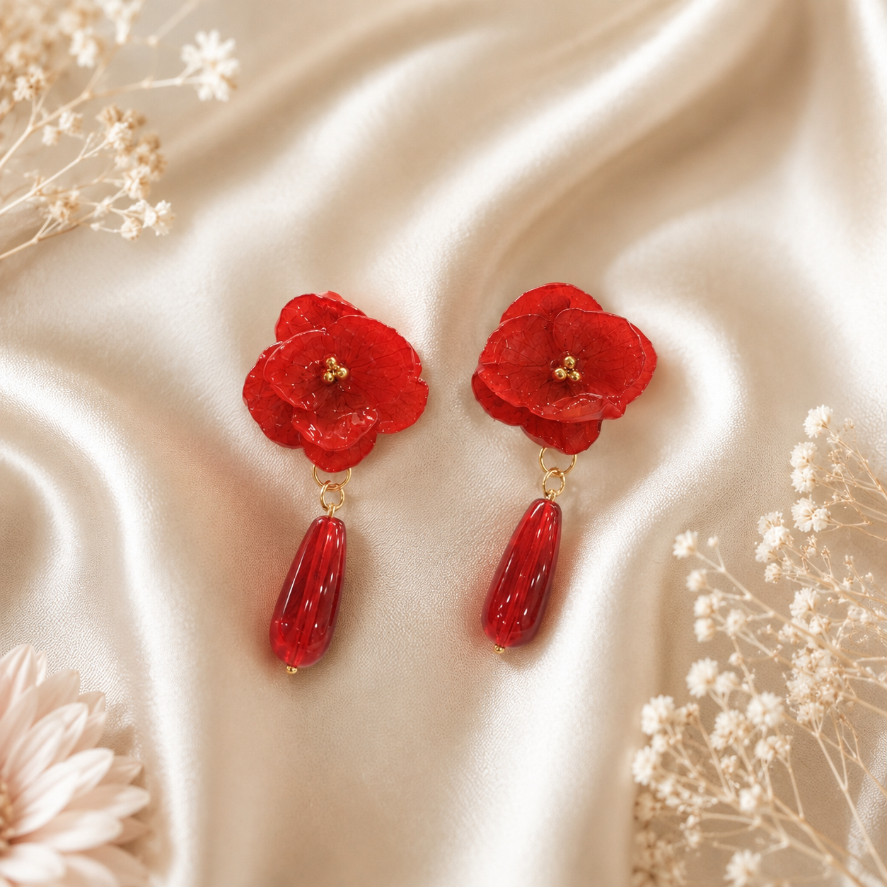 Real Red Hydrangea Earrings, Pressed Flower Earrings, Red Floral Dangle Earrings, Botanical Jewelry, Fall Earrings, Christmas Gift for Her