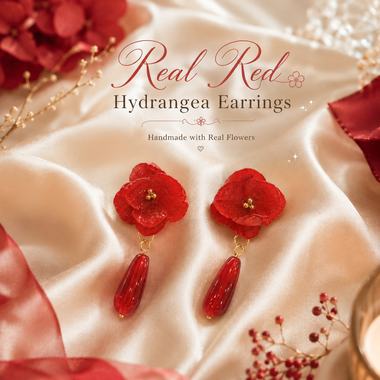 Real Red Hydrangea Earrings, Pressed Flower Earrings, Red Floral Dangle Earrings, Botanical Jewelry, Fall Earrings, Christmas Gift for Her