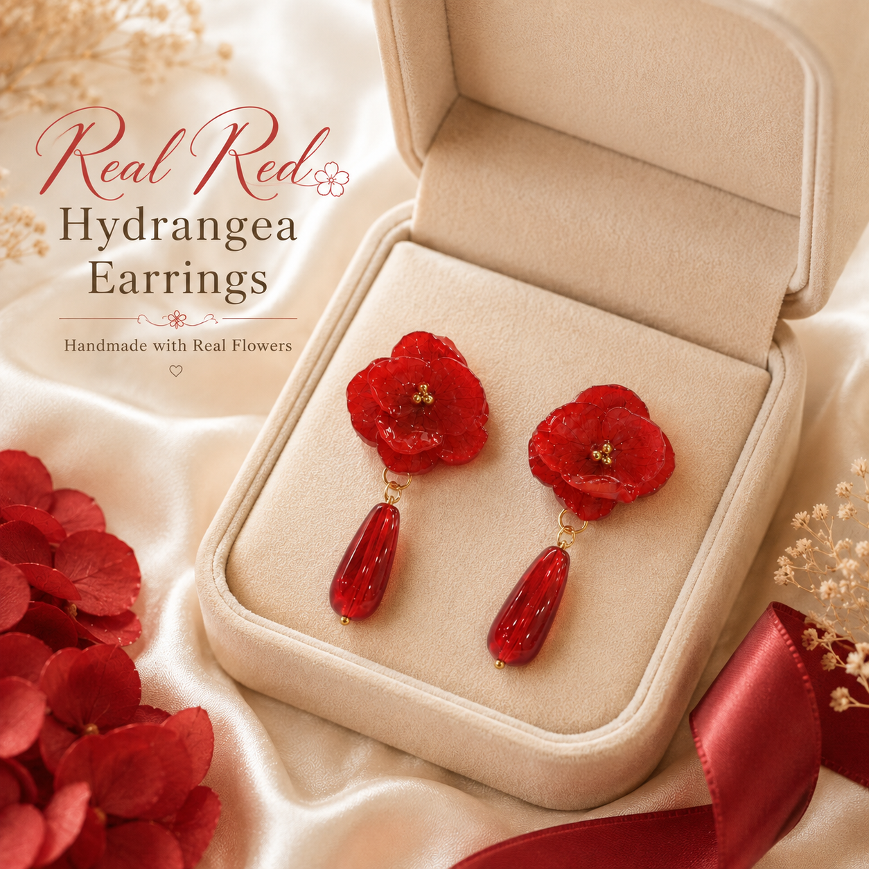 Real Red Hydrangea Earrings, Pressed Flower Earrings, Red Floral Dangle Earrings, Botanical Jewelry, Fall Earrings, Christmas Gift for Her