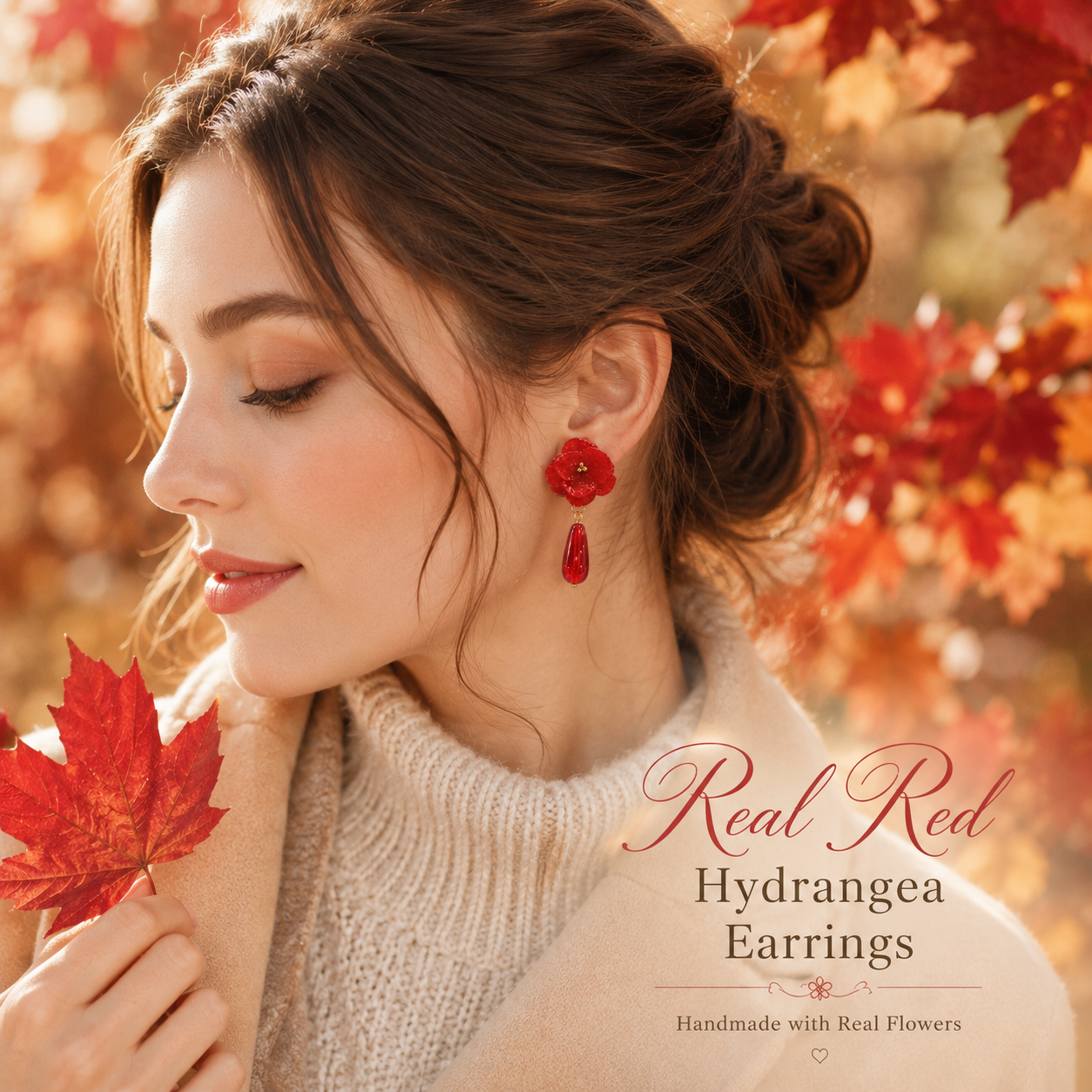 Real Red Hydrangea Earrings, Pressed Flower Earrings, Red Floral Dangle Earrings, Botanical Jewelry, Fall Earrings, Christmas Gift for Her