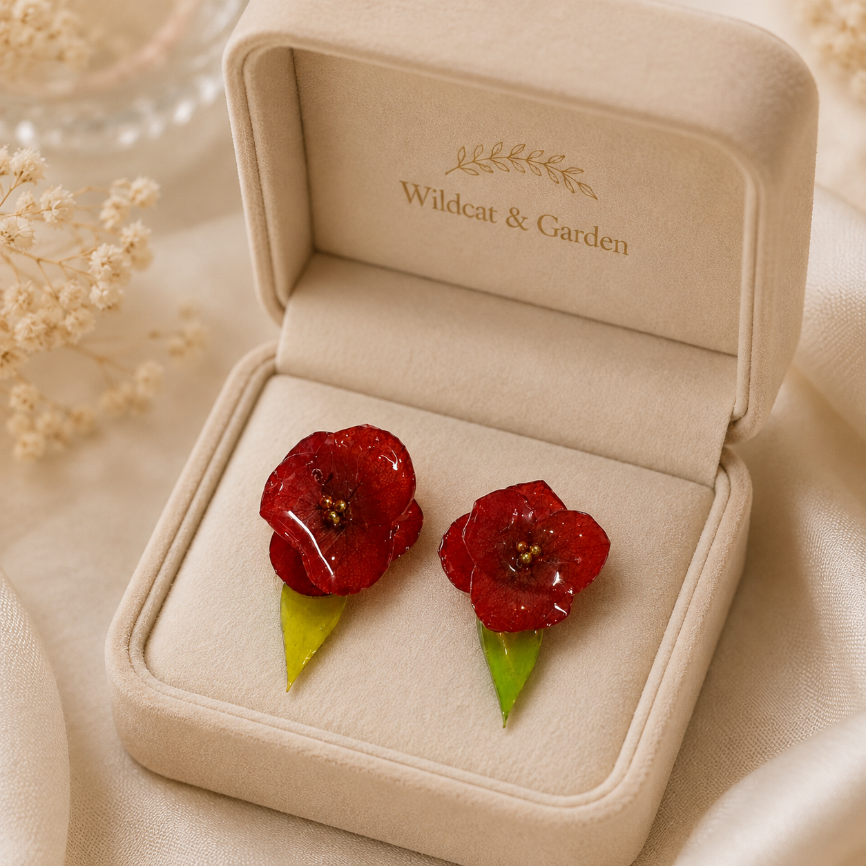 Real Red Hydrangea Stud Earrings, Preserved Flower Earrings, Botanical Jewelry, Red Floral Earrings, Christmas Gift for Her