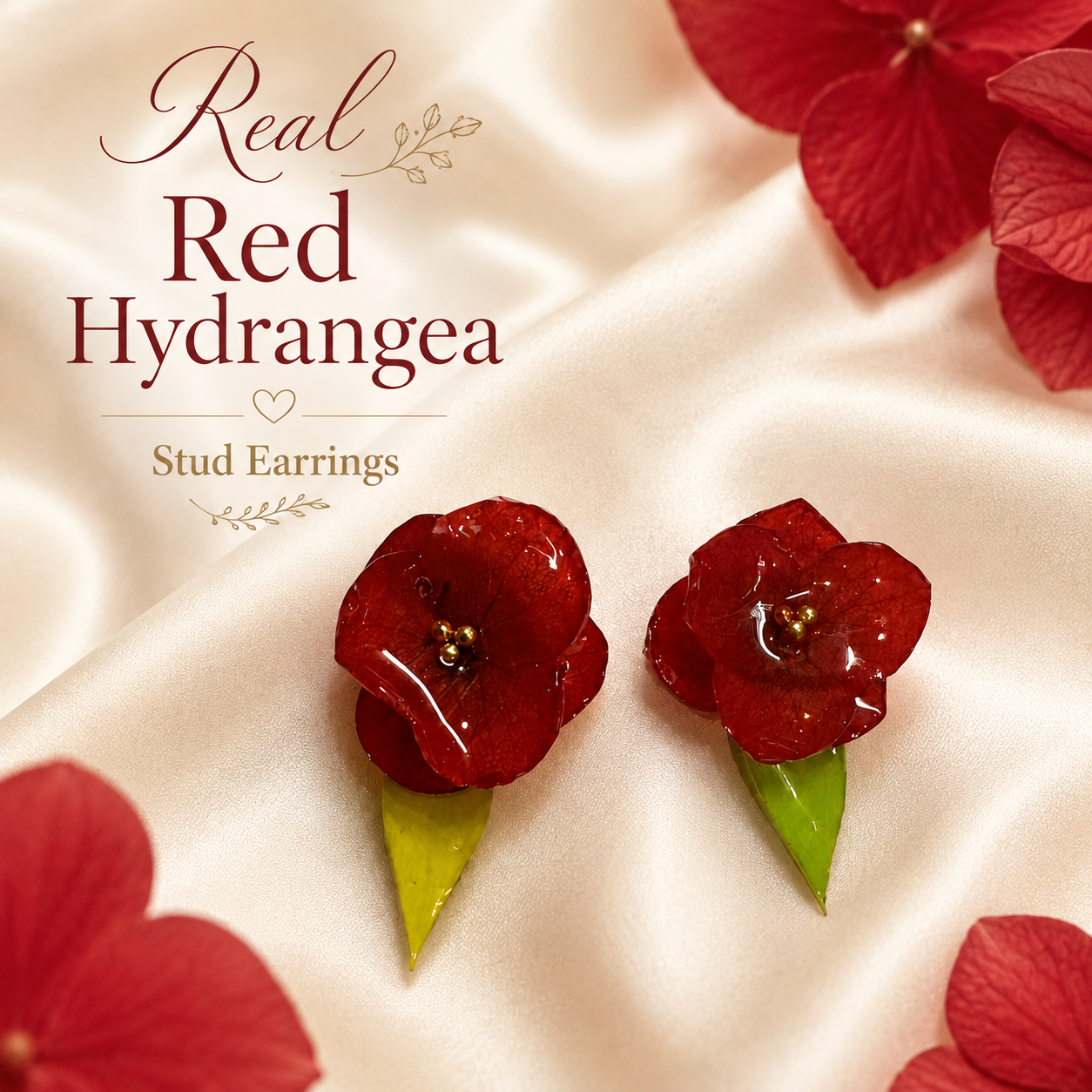 Real Red Hydrangea Stud Earrings, Preserved Flower Earrings, Botanical Jewelry, Red Floral Earrings, Christmas Gift for Her