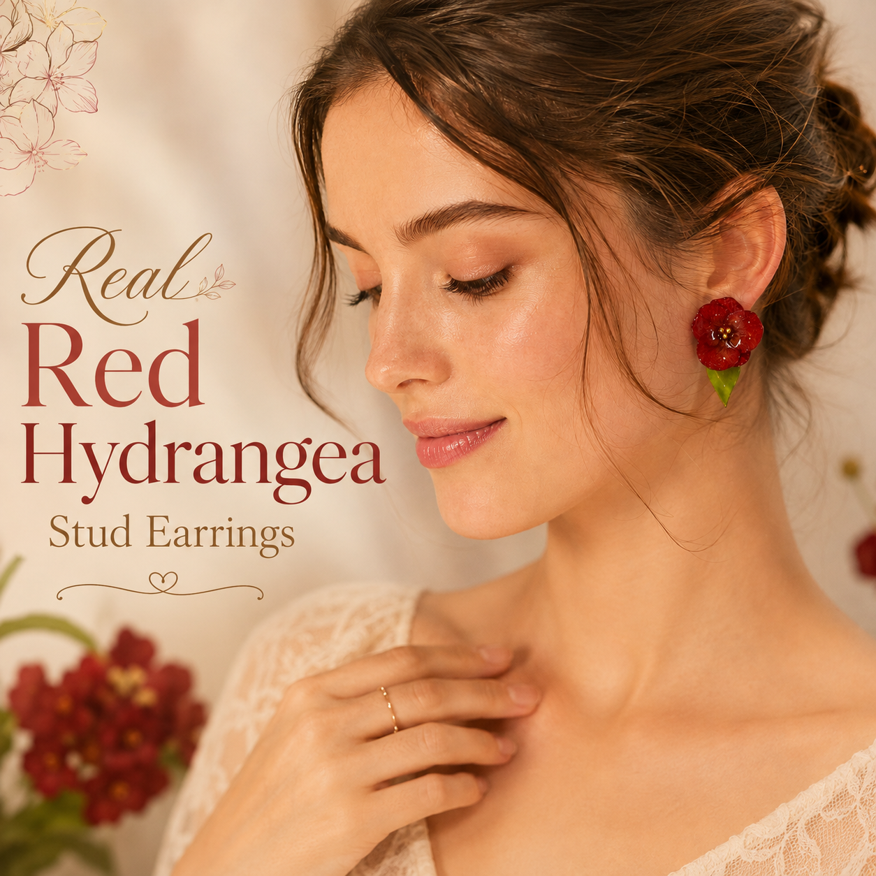 Real Red Hydrangea Stud Earrings, Preserved Flower Earrings, Botanical Jewelry, Red Floral Earrings, Christmas Gift for Her