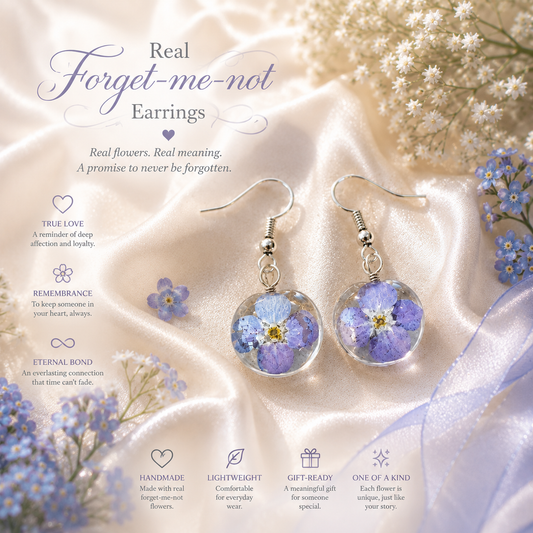 Real Forget-Me-Not Flower Resin Earrings | Handmade Pressed Flower Dangle Earrings | Round Botanical Earrings | Cottagecore Jewelry
