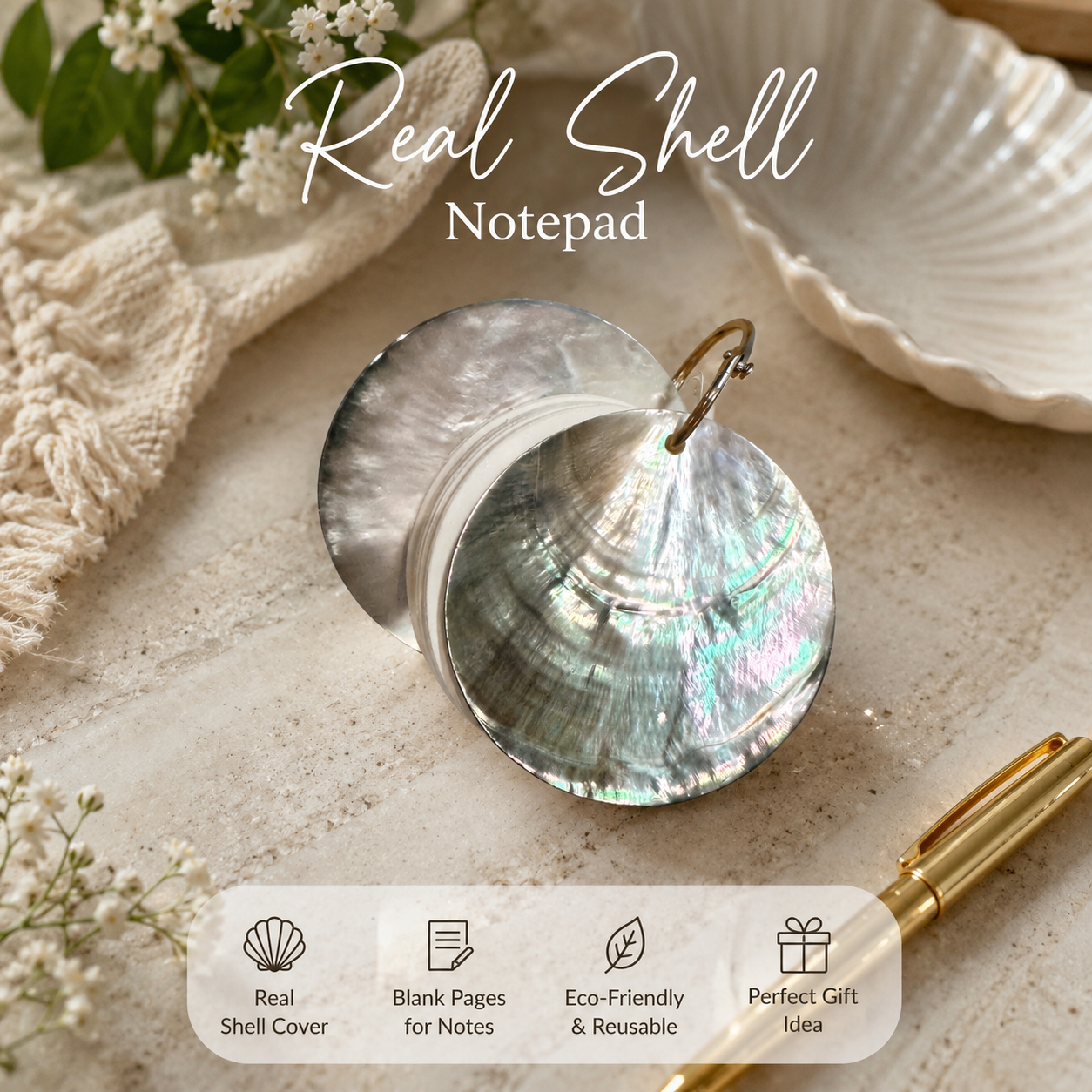 Real Shell Notepad, Mother of Pearl Mini Notebook, Coastal Pocket Notepad, Ocean Lover Gift, Beach Stationery, Unique Small Gift