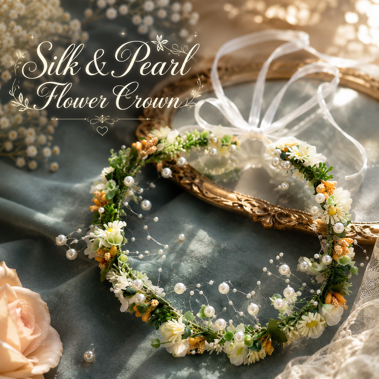 Silk & Pearl Flower Crown, Adjustable Floral Head Wreath, Wedding Headpiece, Fairy Crown, Bridal Shower, Maternity Photo Prop