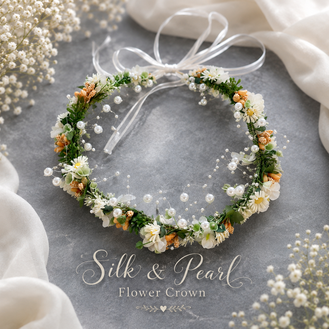 Silk & Pearl Flower Crown, Adjustable Floral Head Wreath, Wedding Headpiece, Fairy Crown, Bridal Shower, Maternity Photo Prop