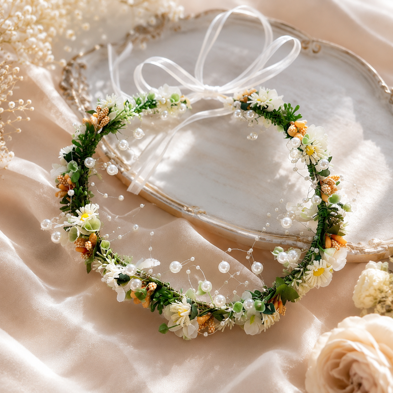 Silk & Pearl Flower Crown, Adjustable Floral Head Wreath, Wedding Headpiece, Fairy Crown, Bridal Shower, Maternity Photo Prop