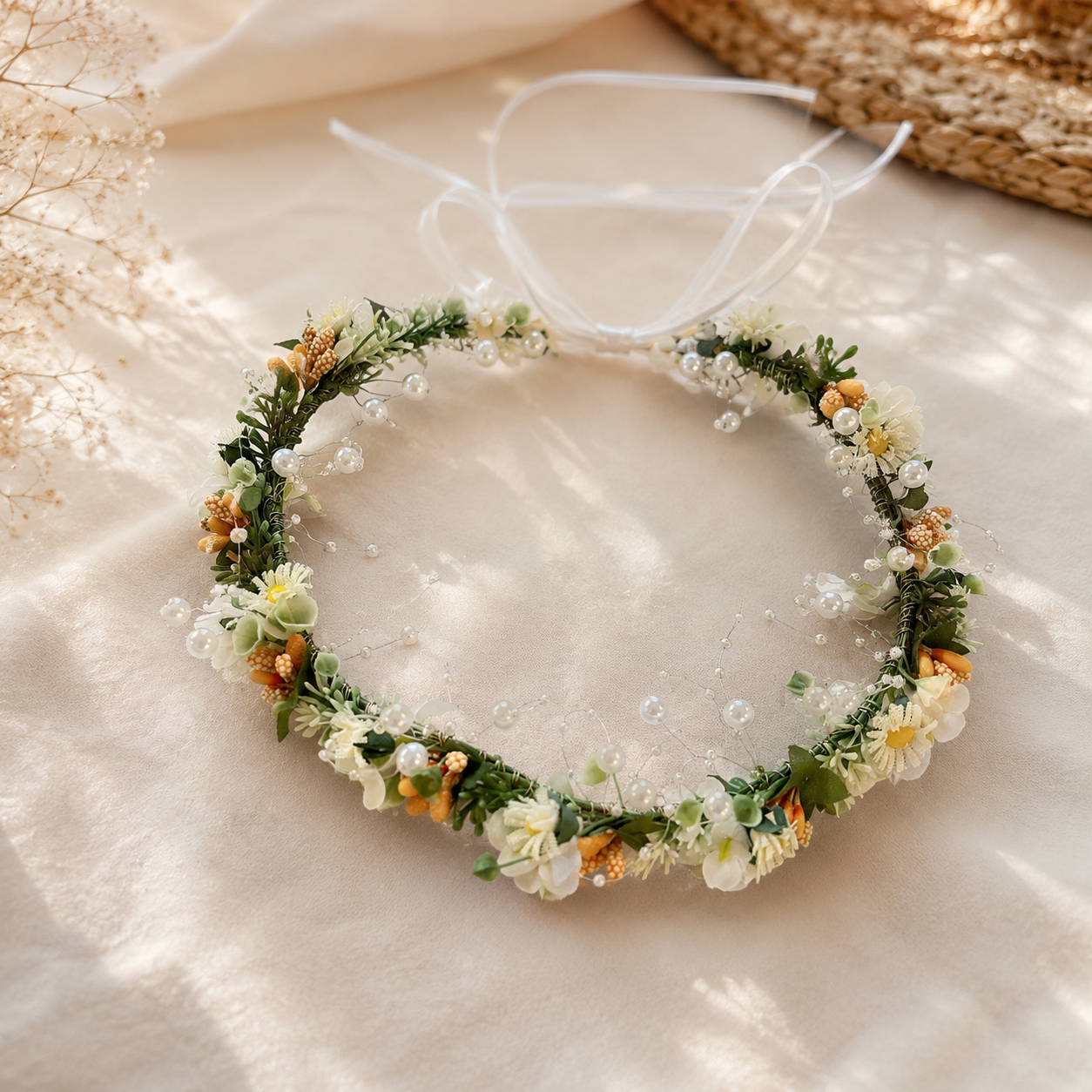 Silk & Pearl Flower Crown, Adjustable Floral Head Wreath, Wedding Headpiece, Fairy Crown, Bridal Shower, Maternity Photo Prop