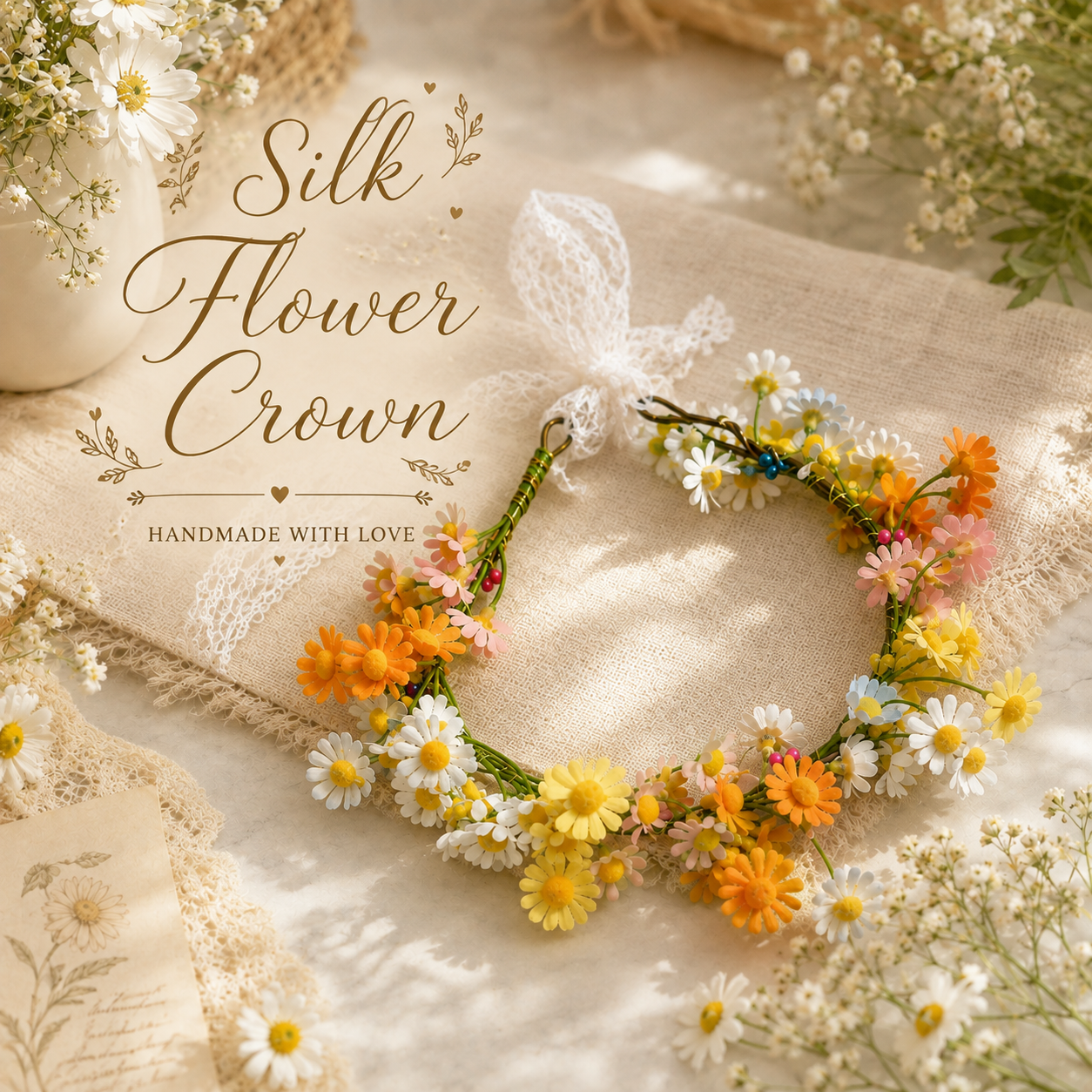 Silk Wildflower Flower Crown, Colorful Daisy Floral Headband, Boho Flower Hair Wreath, Festival Hair Accessory, Bridal Floral Crown